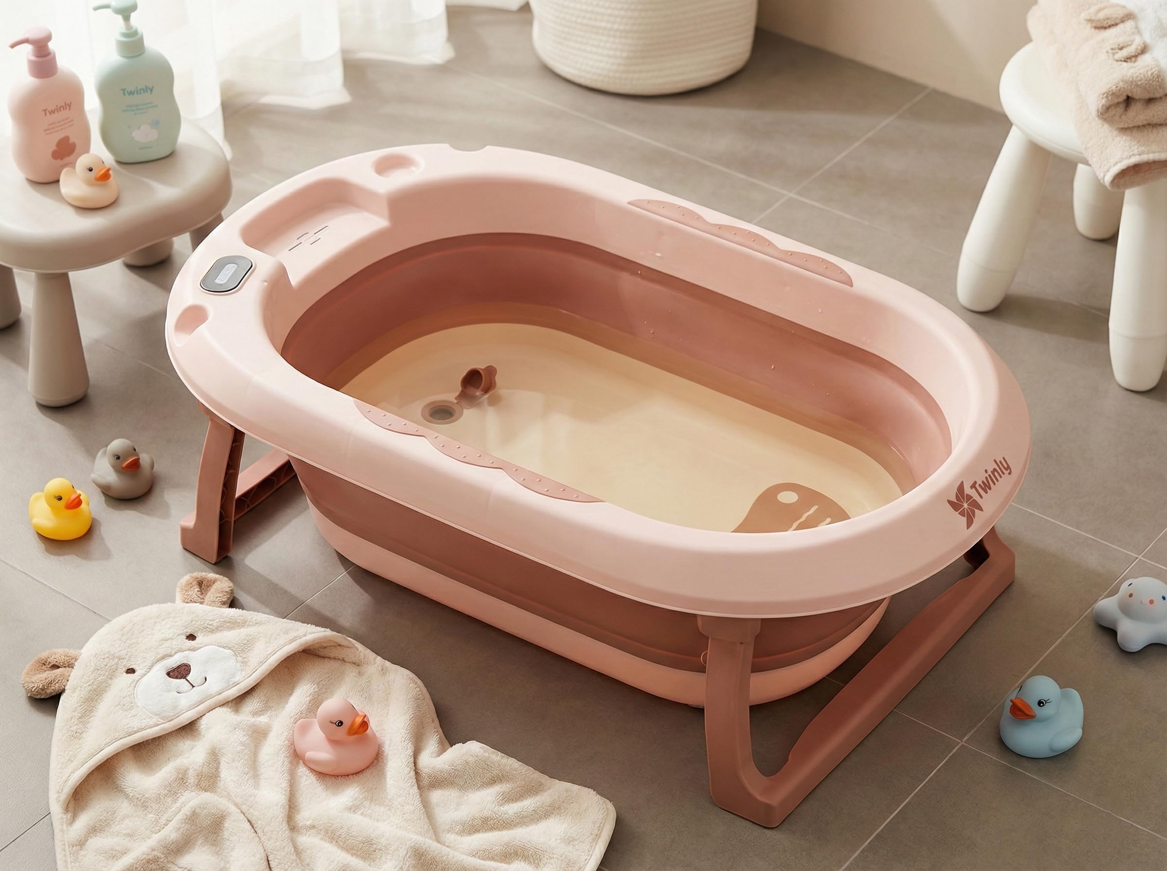 Twinly Bubbly – Bañera Cambiador Plegable para Bebé 2 en 1 – Altura Regulable Ergonómica, Bañera Extraíble para Playa y Viajes, Soporte Estable con Desagüe, Ideal para Baños Pequeños (Rosa) — view 5