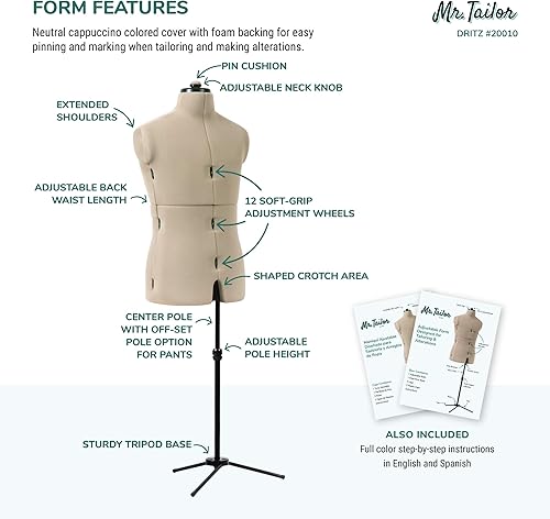 Miniatura 4 de Dritz Mr. Tailor - Forma de vestido ajustable para hombre, tallas de hombre M-XL, maniquí de costura con torso de cuerpo pinable, 13 diales y