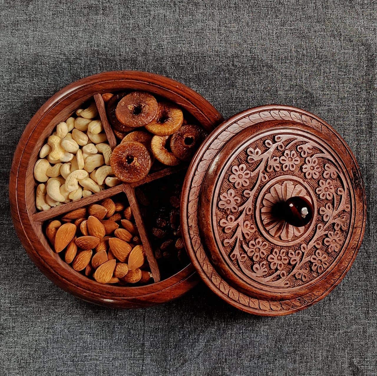 AMH OVERSEAS Hamara Home Dry Fruit Spices Box for Kitchen - 4 Sections Carving 8 inch Snacks Box Multipurpose Use