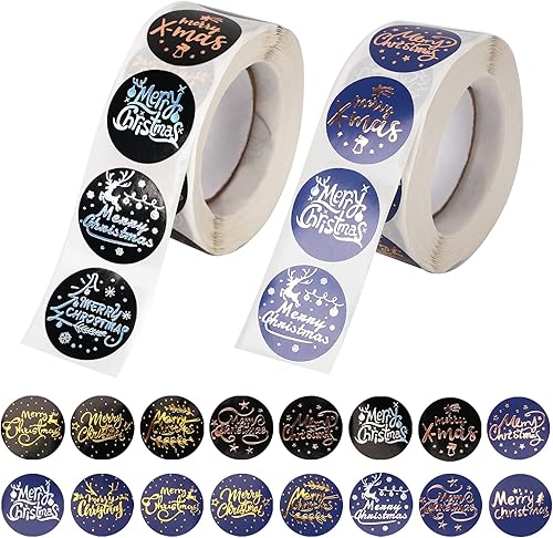 1000 calcomanías de Navidad, calcomanías de sello redondo para tarjetas, sobres de regalo, cajas de decoración de fiestas (1 pulgada y 2 rollos)