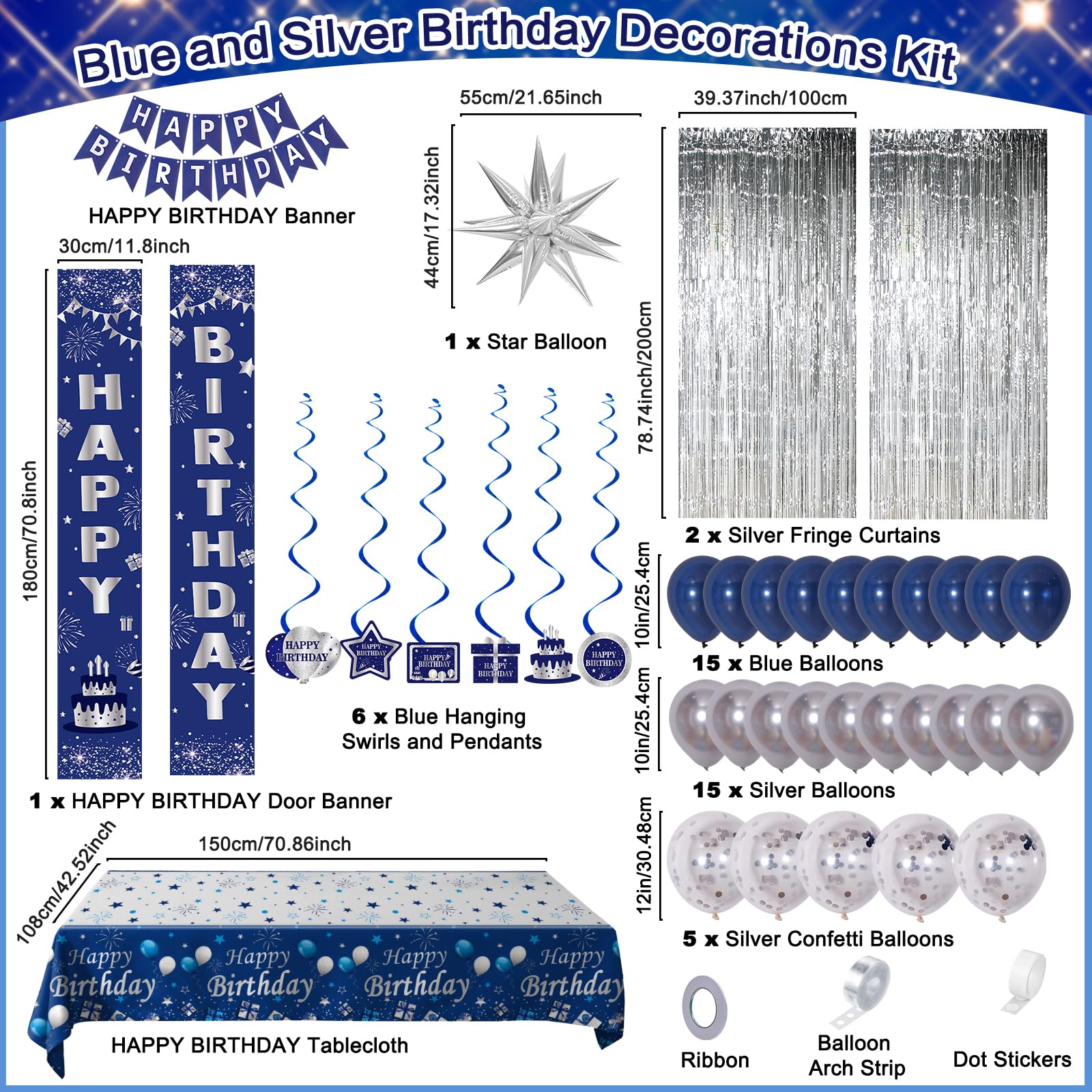 Decoraciones de cumpleaños azules para niños, hombres y mujeres, decoraciones de feliz cumpleaños, azul marino y plateado, globos de feliz cumpleaños, cubierta de mesa, cortina de flecos, pancarta de