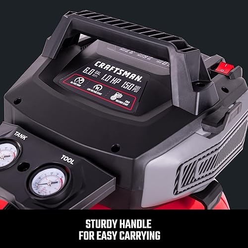 Miniatura 5 de CRAFTSMAN Compresores de aire 6 galones Compresor de aire portátil redondo sin aceite, presión máxima de 150 PSI 1.0 HP 2.6 CFM@90PSI Compresor de