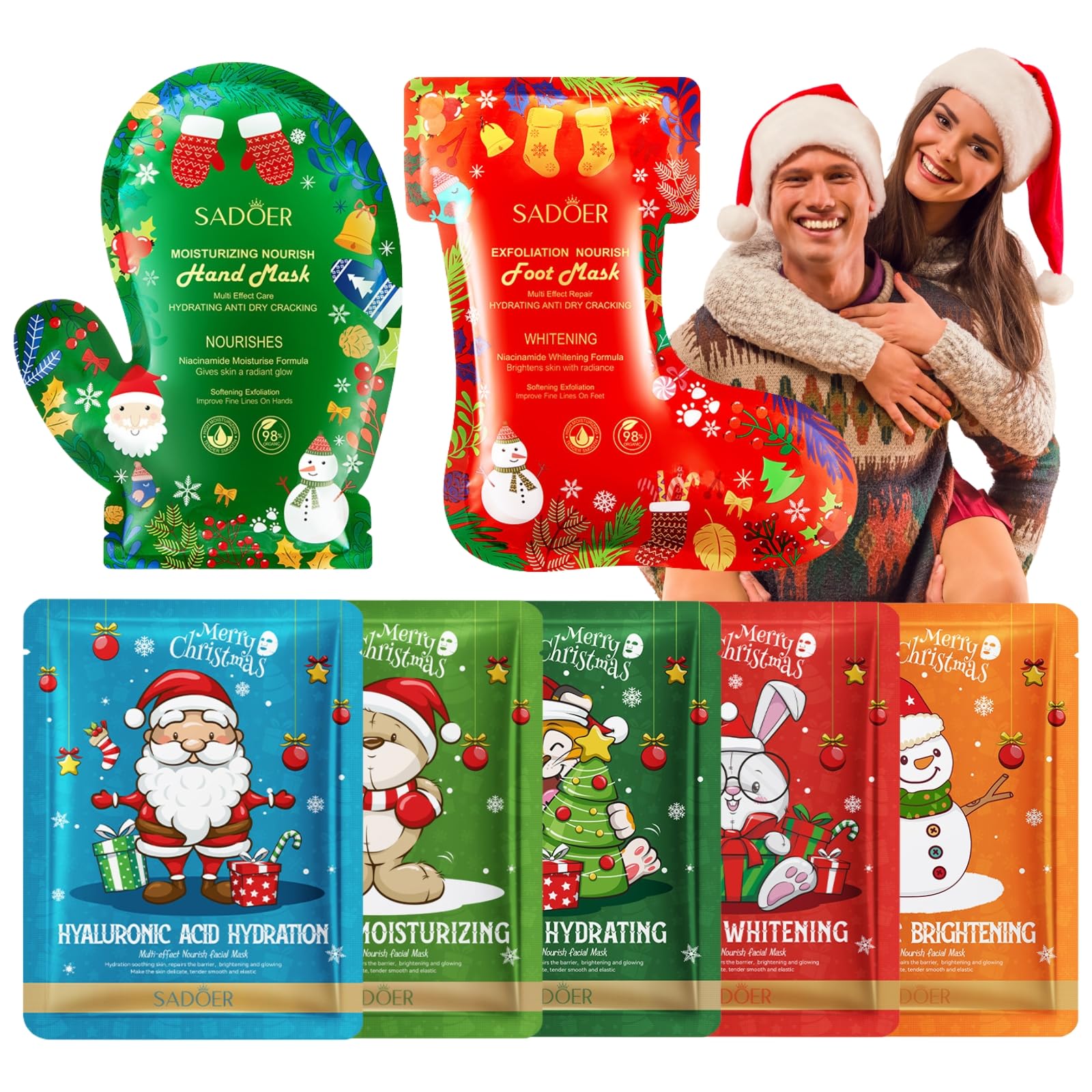 Christmas Face Masks Skincare - Christmas Skin Care Sets & Kits - Christmas Gifts for Her - Womens Gift Sets for Face & Body - Face Mask & Foot Mask & Hand Mask7pcs