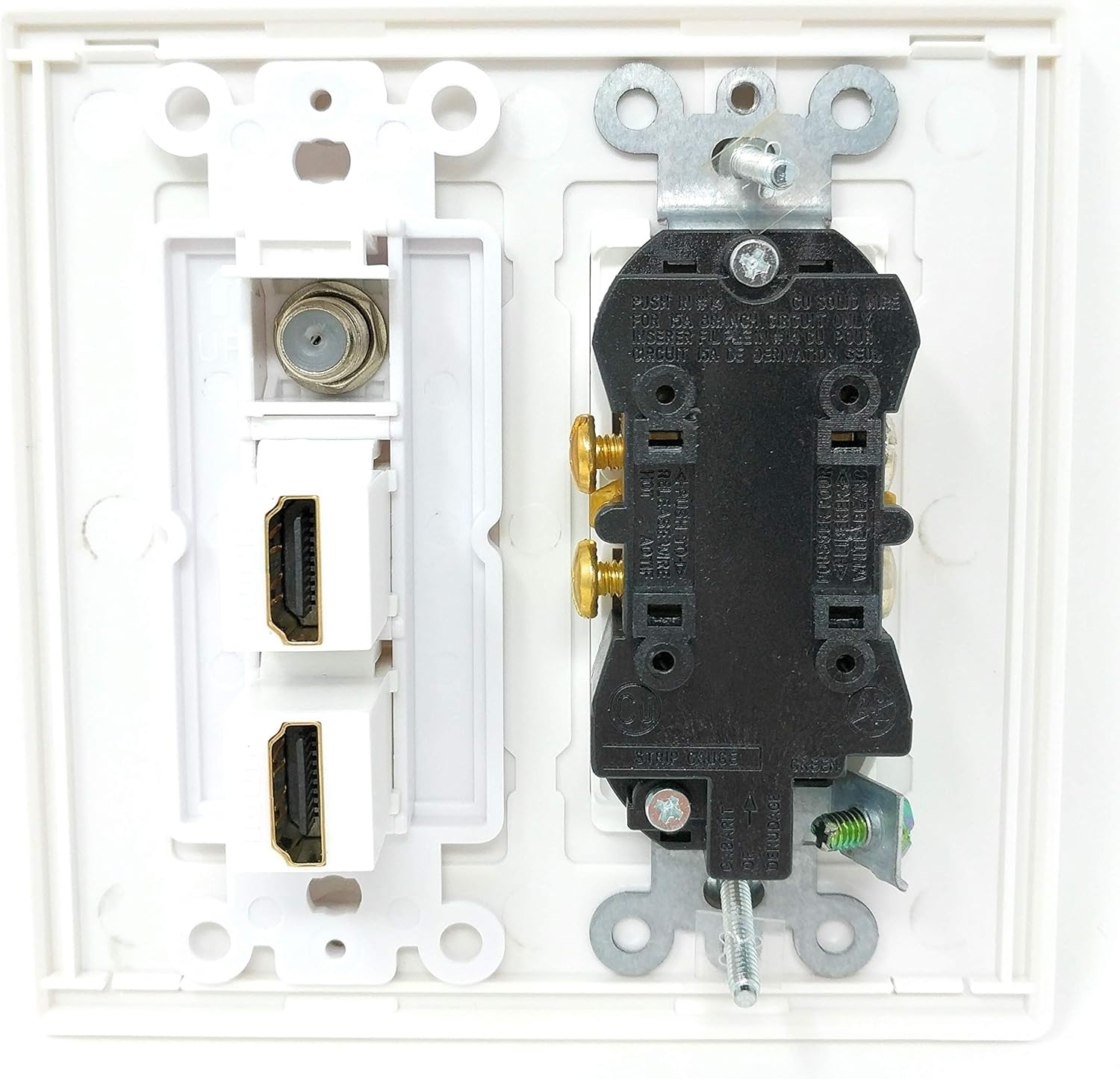 RiteAV - 15 Amp Power Outlet 2 Port HDMI 1 Port Coax Decorative Screwless Wall Plate - White