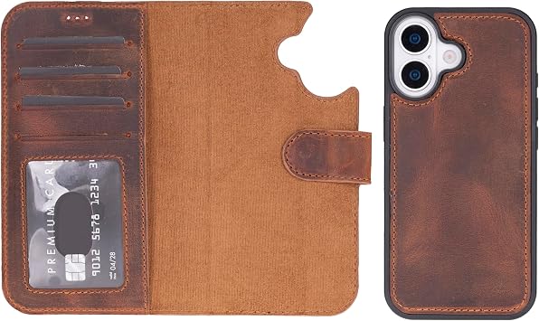 iPhone 17 ile Uyumlu Hakiki Deri Cüzdanlı Kılıf – Premium Hakiki Deri, 4 Kart Bölmeli, RFID Koruma, MagSafe Uyumlu, 360° Tam Koruma, Stand Özellikli, Manyetik Kapaklı (Antik Kahverengi)