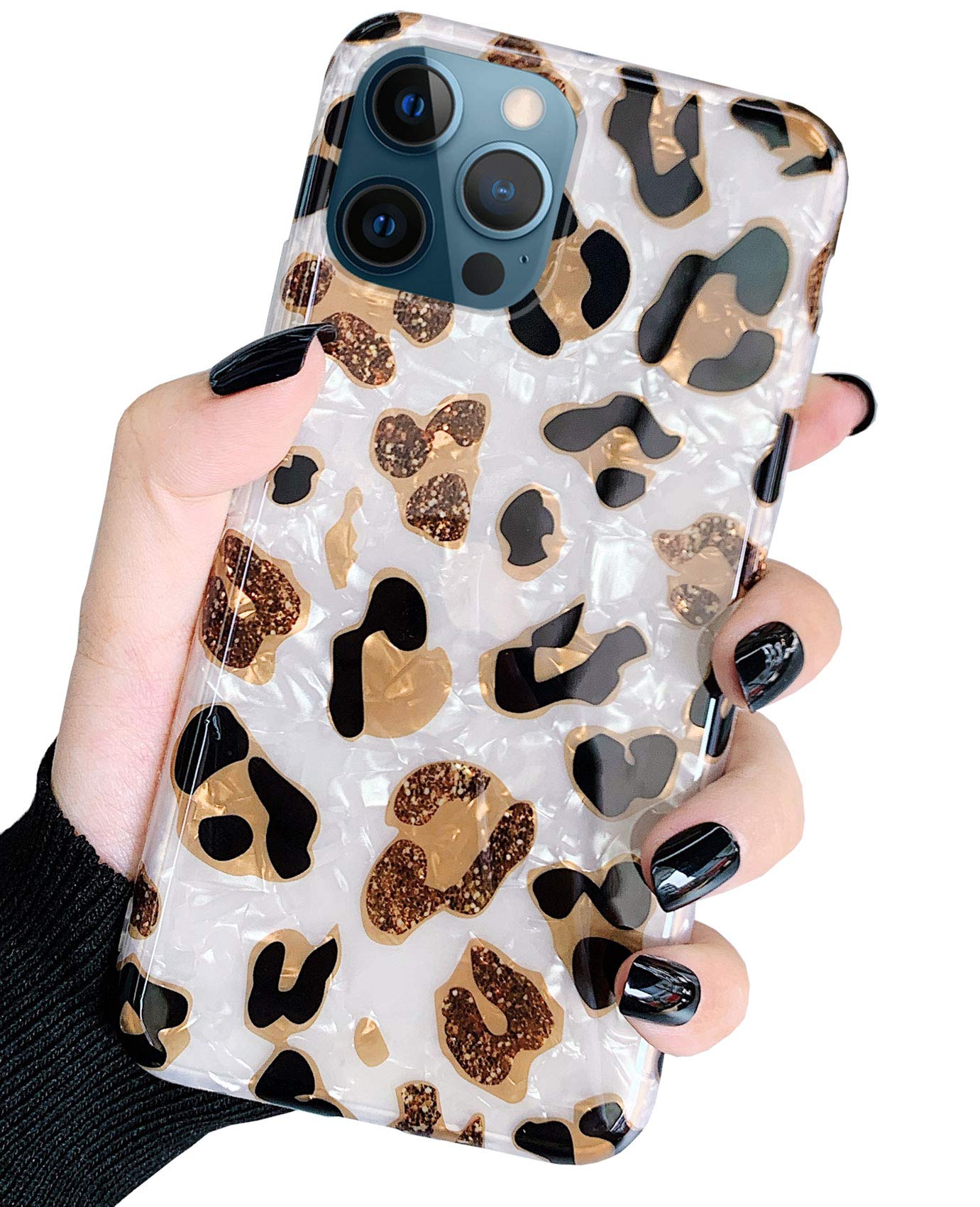J.west Case Compatible with iPhone 12 Pro Max 6.7-inch, Luxury Sparkle White Leopard Cheetah Print Translucent Clear Slim Soft Silicone Protective Phone Case Cover for Girls Women (Leopard)