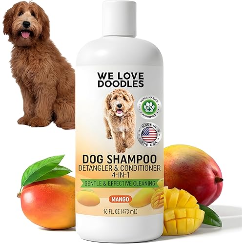 Dog Shampoo, Conditioner & Detangler - Best Shampoo for Goldendoodles, Poodles & Doodles Pet Hair - Hypoallergenic, Tearless, Sensitive Skin for Puppies & All Dog Breeds - Made in USA, 16OZ (Mango)