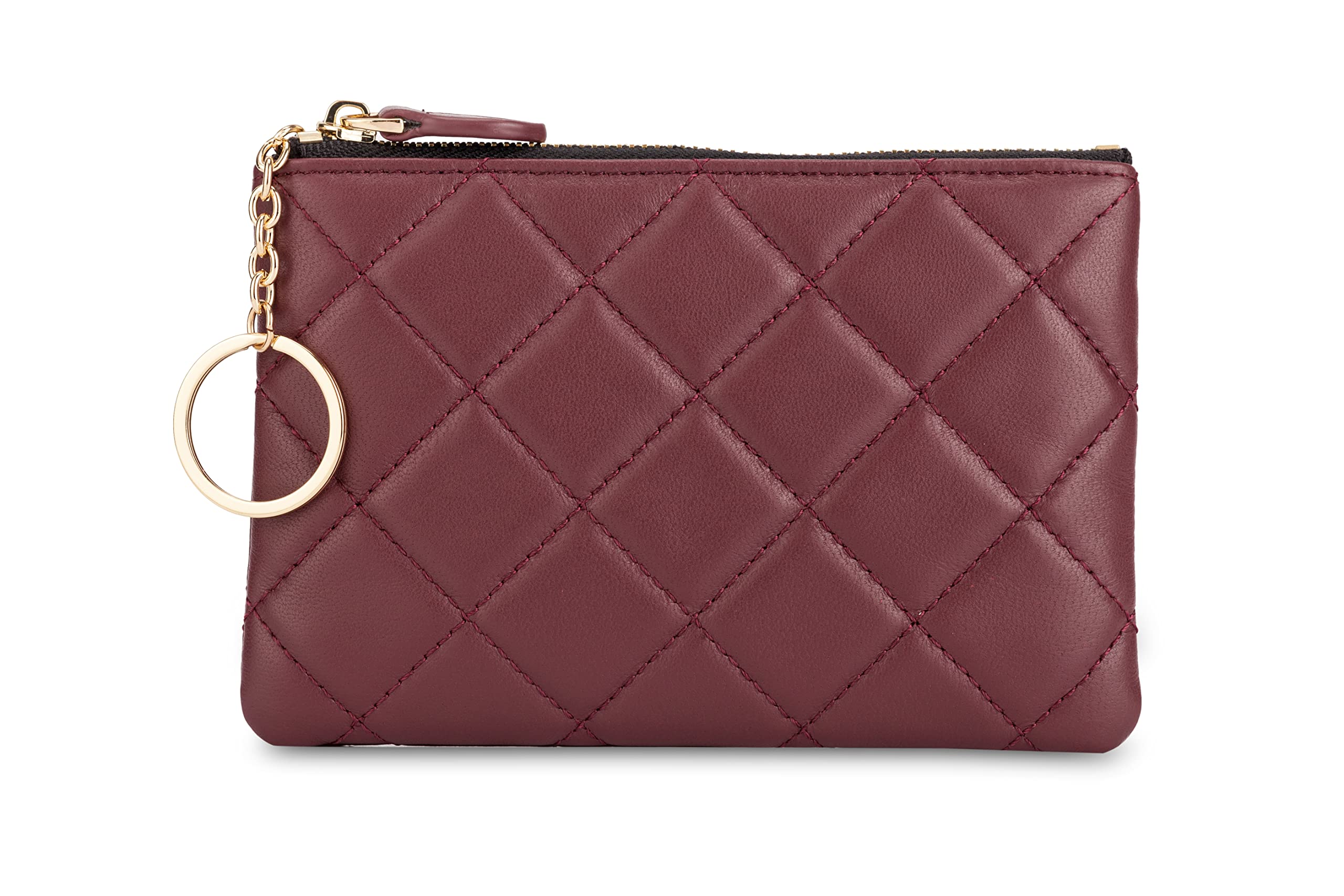 DORIS&JACKY Soft Lambskin Leather Coin Purse Small Quilted RFID Blocking Top Zipper Wallet With Key Chain