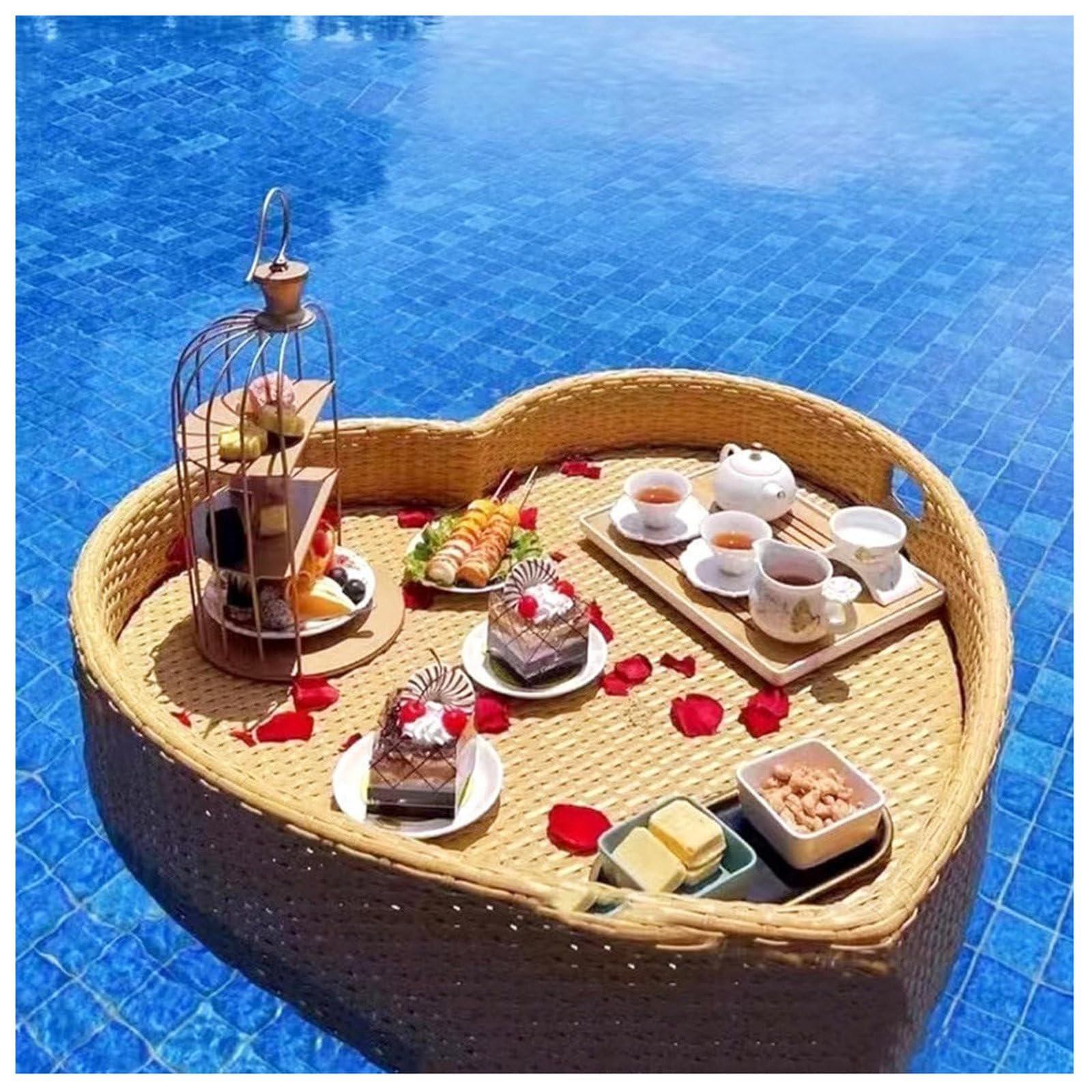 Bandeja de Servicio Tejida de ratán Bandeja Flotante de Desayuno de ratán con Asas Bandeja Flotante Flotadores para Piscinas