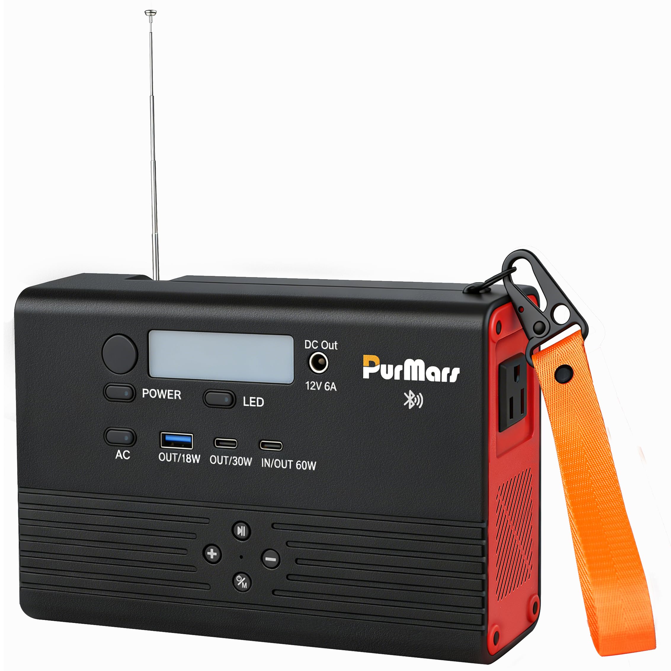 Stazione di ricarica portatile Purmars,power bank da 92Wh/100W:altoparlante Bluetooth,radio FM,ricarica rapida PD,uscita CA 230V e porte multiple.ideale per il campeggio e l'alimentazione di emergenza