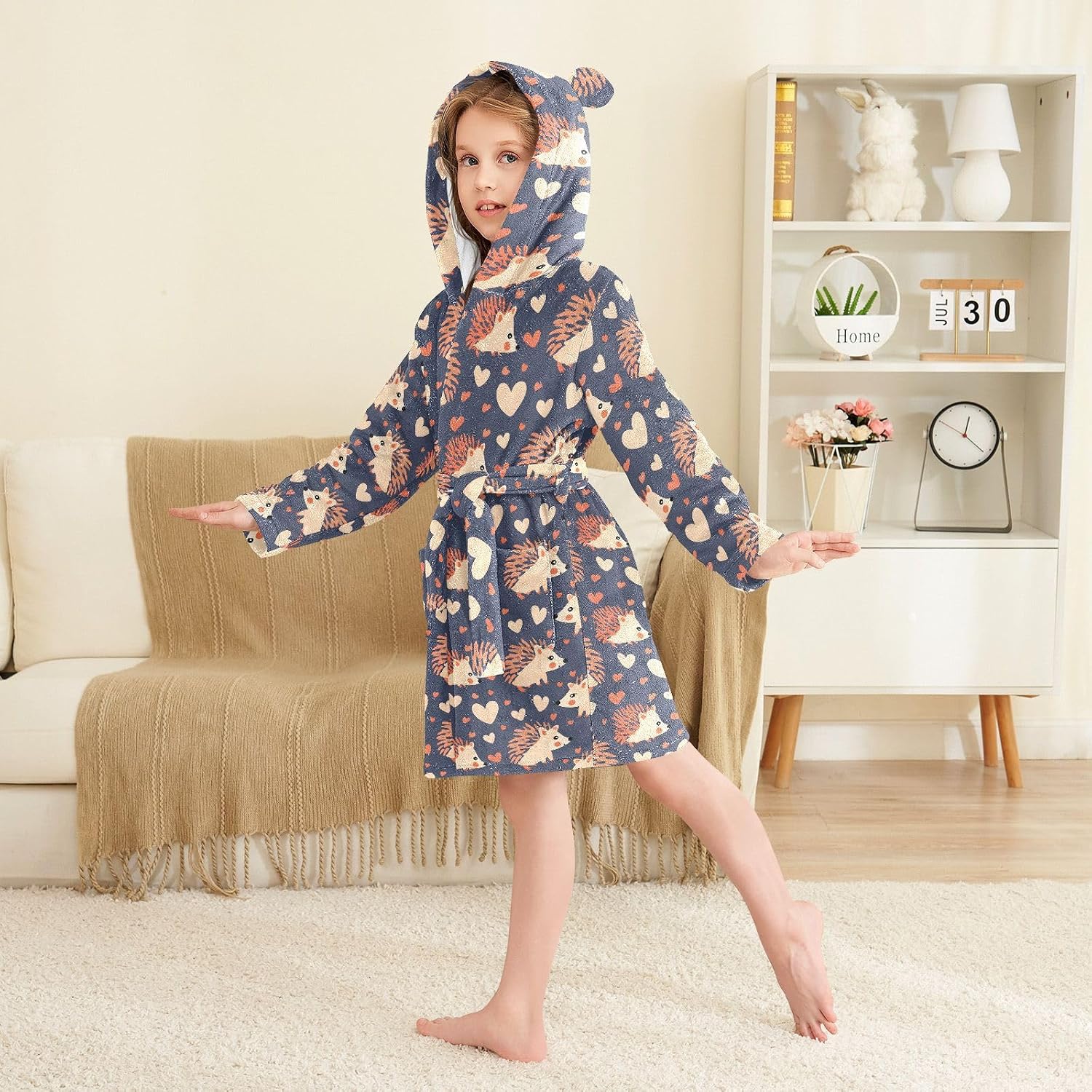 senya Hedgehog and Love Dark Toddler Hooded Bathrobe Kids Soft Plush Bath Towel Robes for Boys Girls 2-12 Years