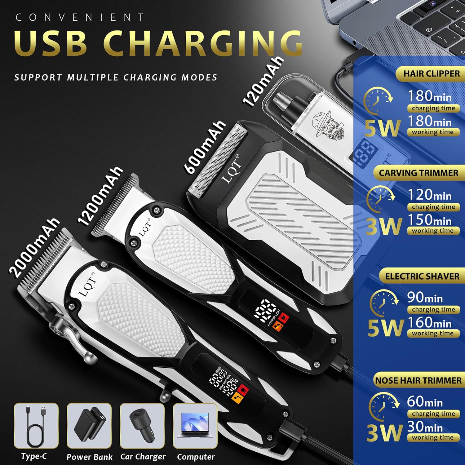 Hair Clippers for Men 4 in 1 White LED Display Cordless Clippers Set Professional Electric Beard Trimmer for Men Foil Shaver Nose and Ear Hair Trimmer with Storage Bag to Son Husband Father Gifts