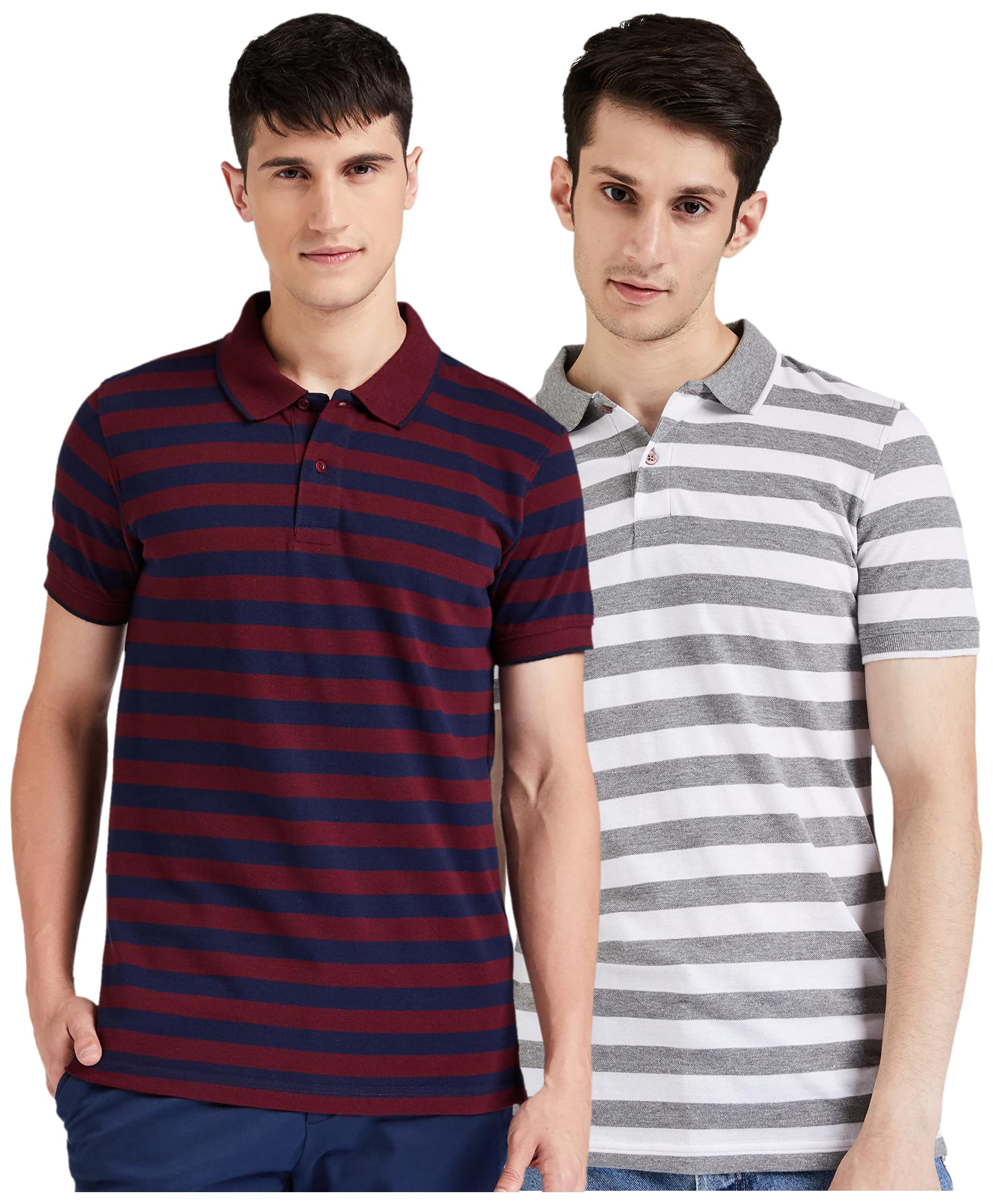 amazon brand - symbol Men's Cotton Rich Striped Polo T Shirt | Collar Tshirts | Half Sleeves - Regular Fit (Pomegrante and Peacot Blue + Mid Grey and White_L) (Combo Pack of 2)-picture-20