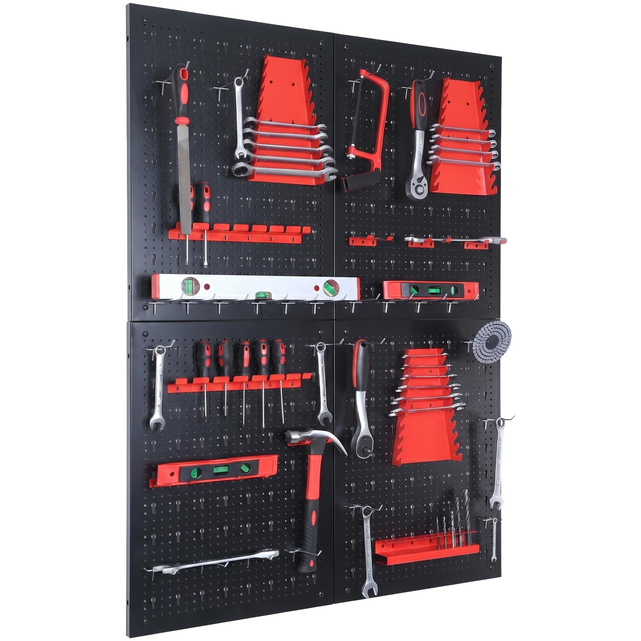 KARAT Parker - Pannello da parete per attrezzi con accessori in metallo perforato, supporto per officina e garage (nero/rosso, set di 4 pannelli)
