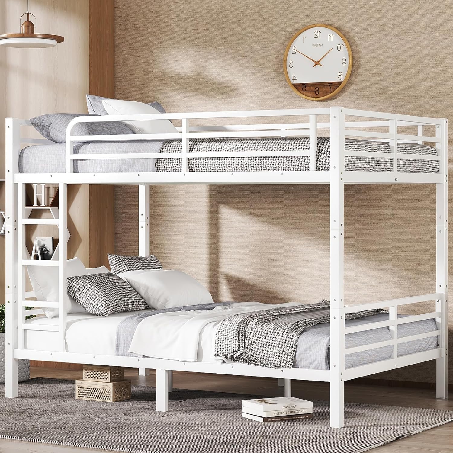 Full XL Over Full XL Bunk Bed,Heavy Duty Metal Bunk Bed Frame for Adults,2 Side Ladder,Guardrail,Space-Saving,Noise Reduced,No Box Spring Needed,Black (White, Full XL Over Full XL)