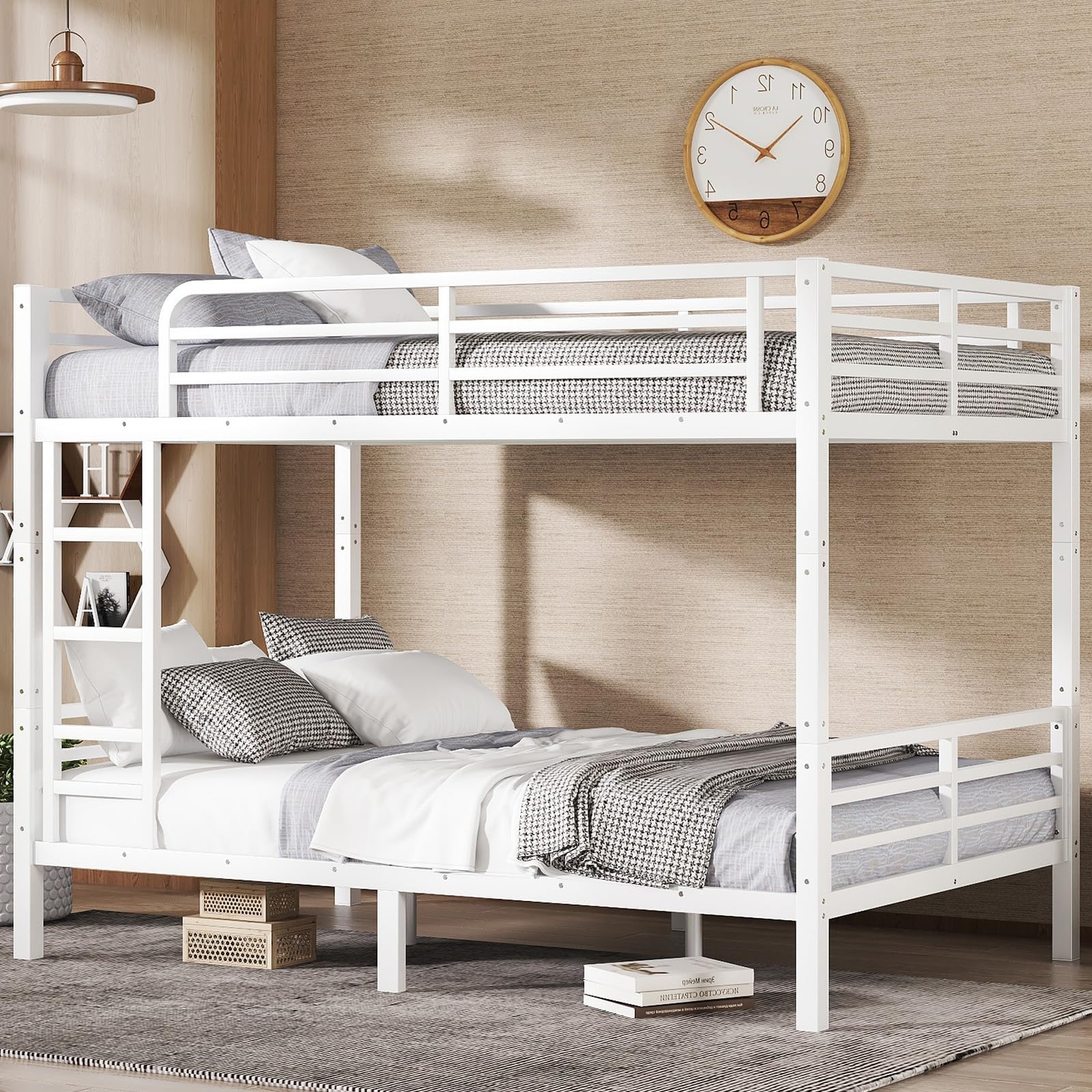 Full XL Over Full XL Bunk Bed,Heavy Duty Metal Bunk Bed Frame for Adults,2 Side Ladder,Guardrail,Space-Saving,Noise Reduced,No Box Spring Needed,Black (White, Full XL Over Full XL)