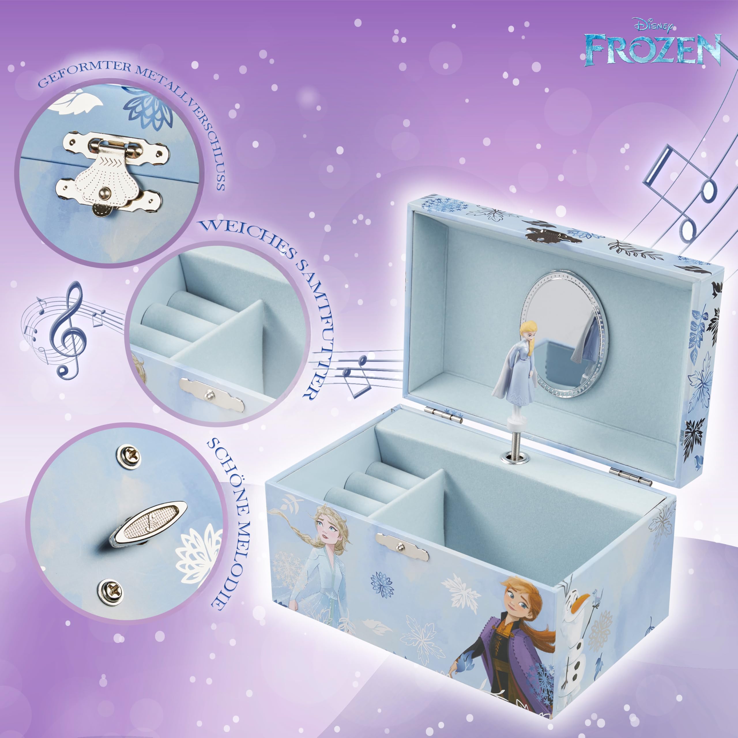 Disney Stitch Schmuckkästchen Mädchen, Musikbox für Ringe Ohrringe Halskette mit Mini Spiegel, Geschenke für Kinder und Teens (Blau Frozen)
