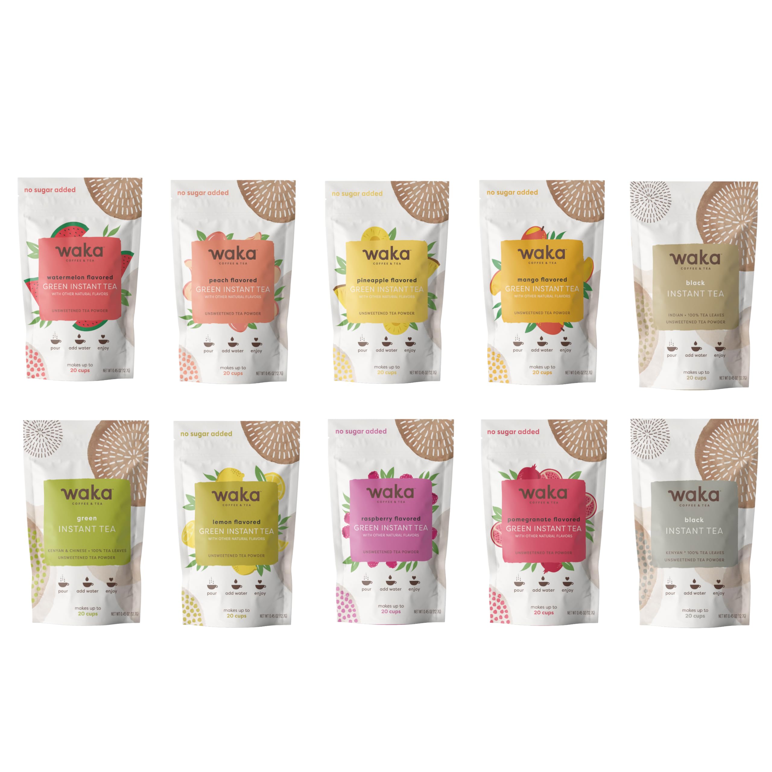 Waka — Green & Black Instant Tea Sample Bundle — No Sugar Added & Unsweetened — 10 X 0.45 oz Sample Packs For Hot or Iced Tea (Up to 20 Cups or 5 Quarts EA)