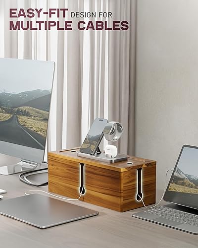Miniatura 5 de BLUEWEST Acacia - Paquete de 2 cajas organizadoras de cables grandes para regleta de alimentación  3 ranuras abiertas para cables de madera, caja