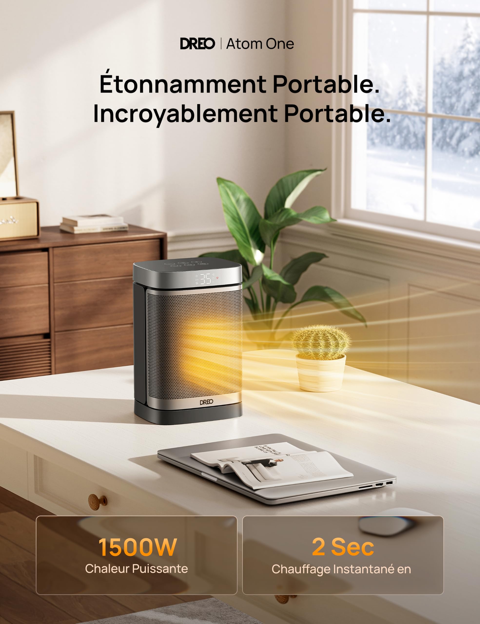 Dreo Chauffage d'appoint Atom One, Oscillant sur 70°, Électrique, Radiateur céramique PTC avec thermostat, Minuterie 1-12 h, Télécommande, Protection anti-surchauffe et anti-basculement, Mode ECO
