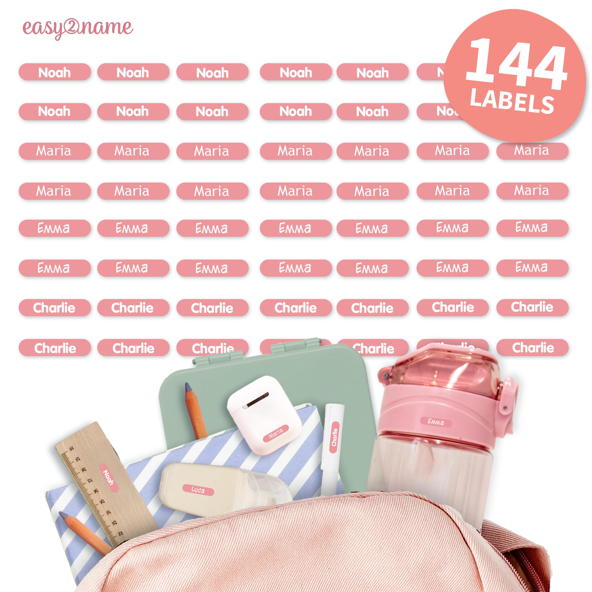 Easy2Name - Personalised mini XS Name Labels - Waterproof Name Stickers for Children and Adults - Ideal as Name Stickers in The Office, Workshop or School - 20x4mm - Coloured (Powder Rose, 144)