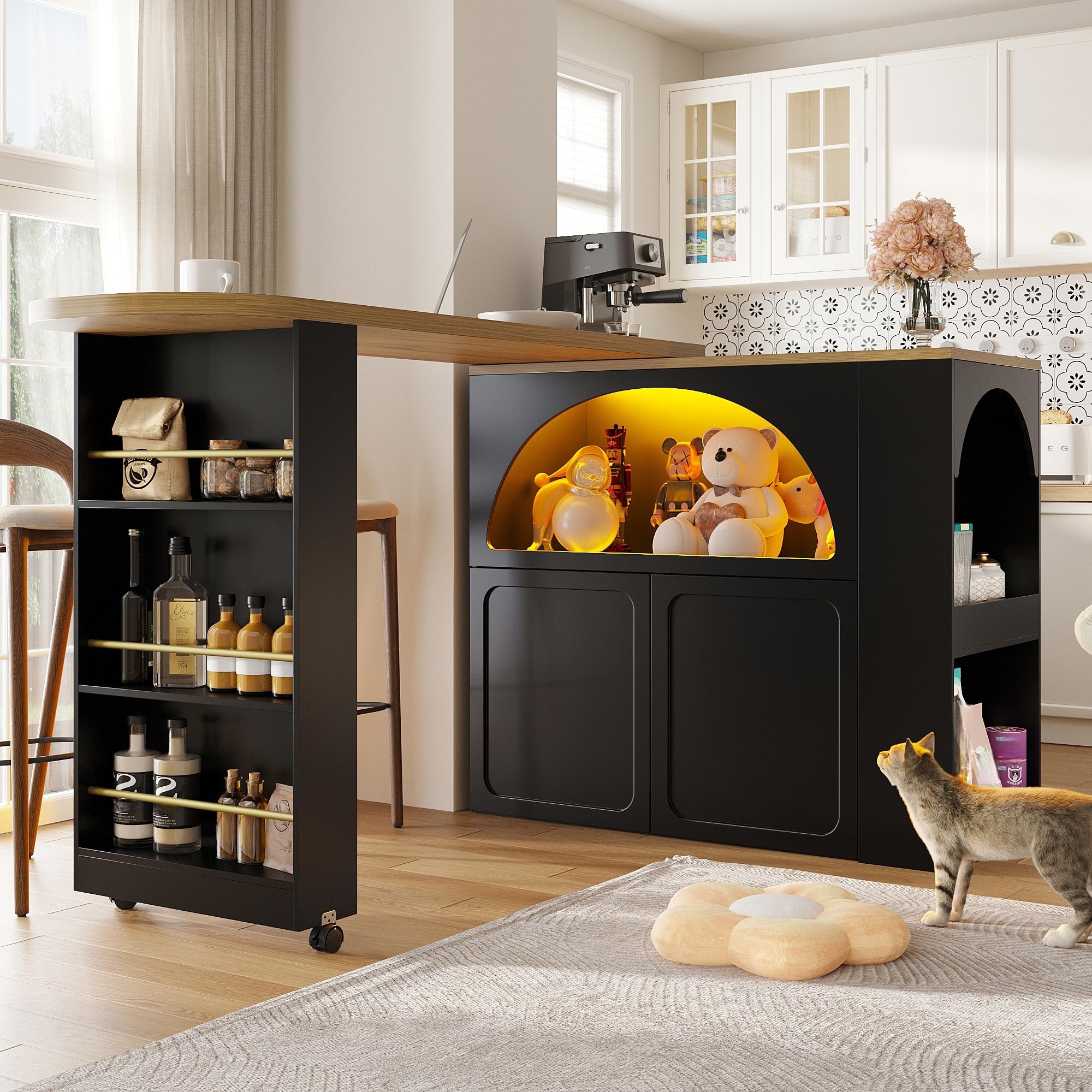 LAKFEW Mesa de Bar Extensible y Giratorio con LED y 2 Ruedas, Mesa Alta Cocina con 2 Puertas y Estante de Almacenaje, Isla Cocina con Barra, Mueble Bar Mueble Auxiliar, 135(205) x39x100 cm, Negro