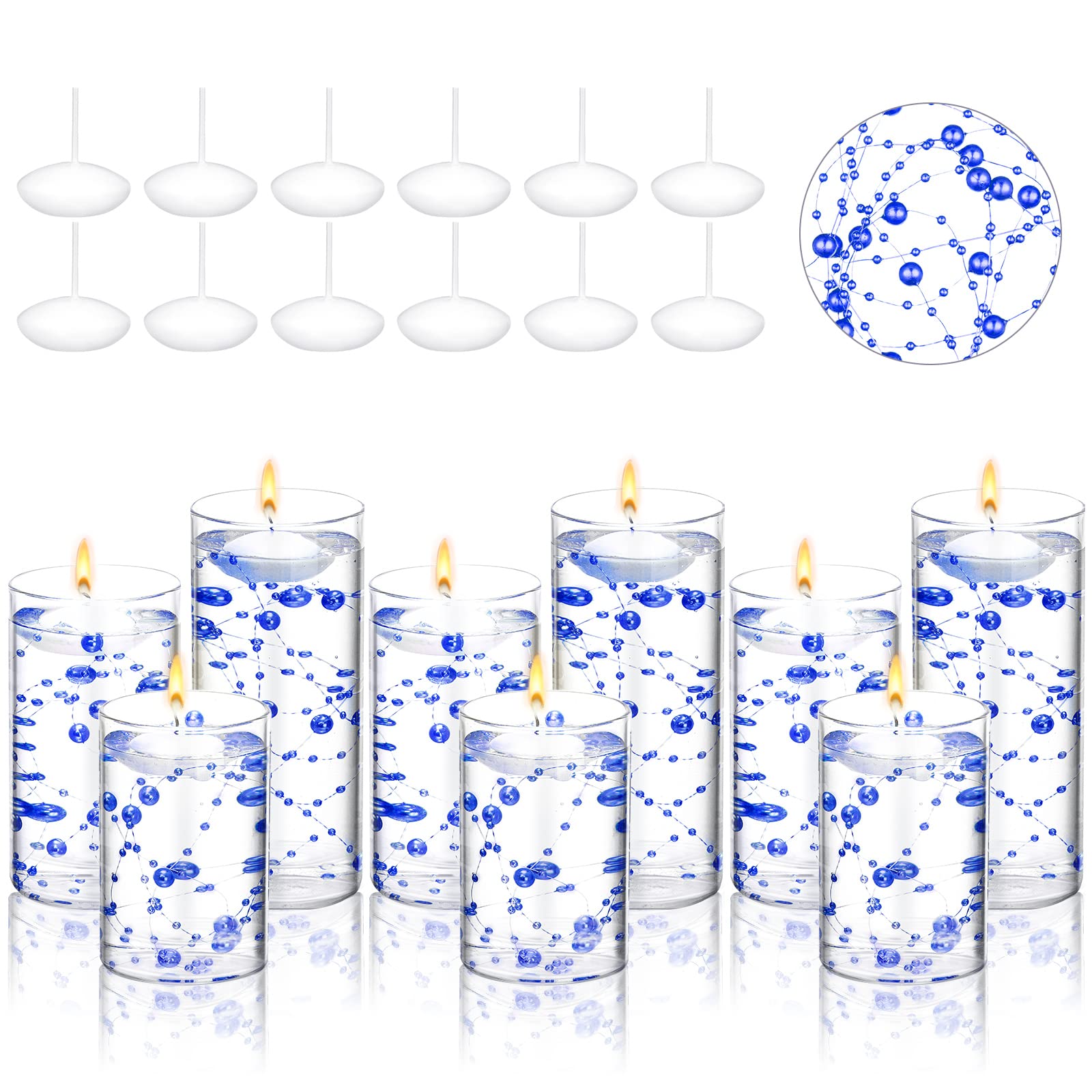 9 Set Glass Cylinder Vases for Centerpieces, Multiple Size Clear Hurricane Candle Holder with Floating Candles Artificial Pearl String for Wedding Table Decor (Blue, 4",4.7", 6")