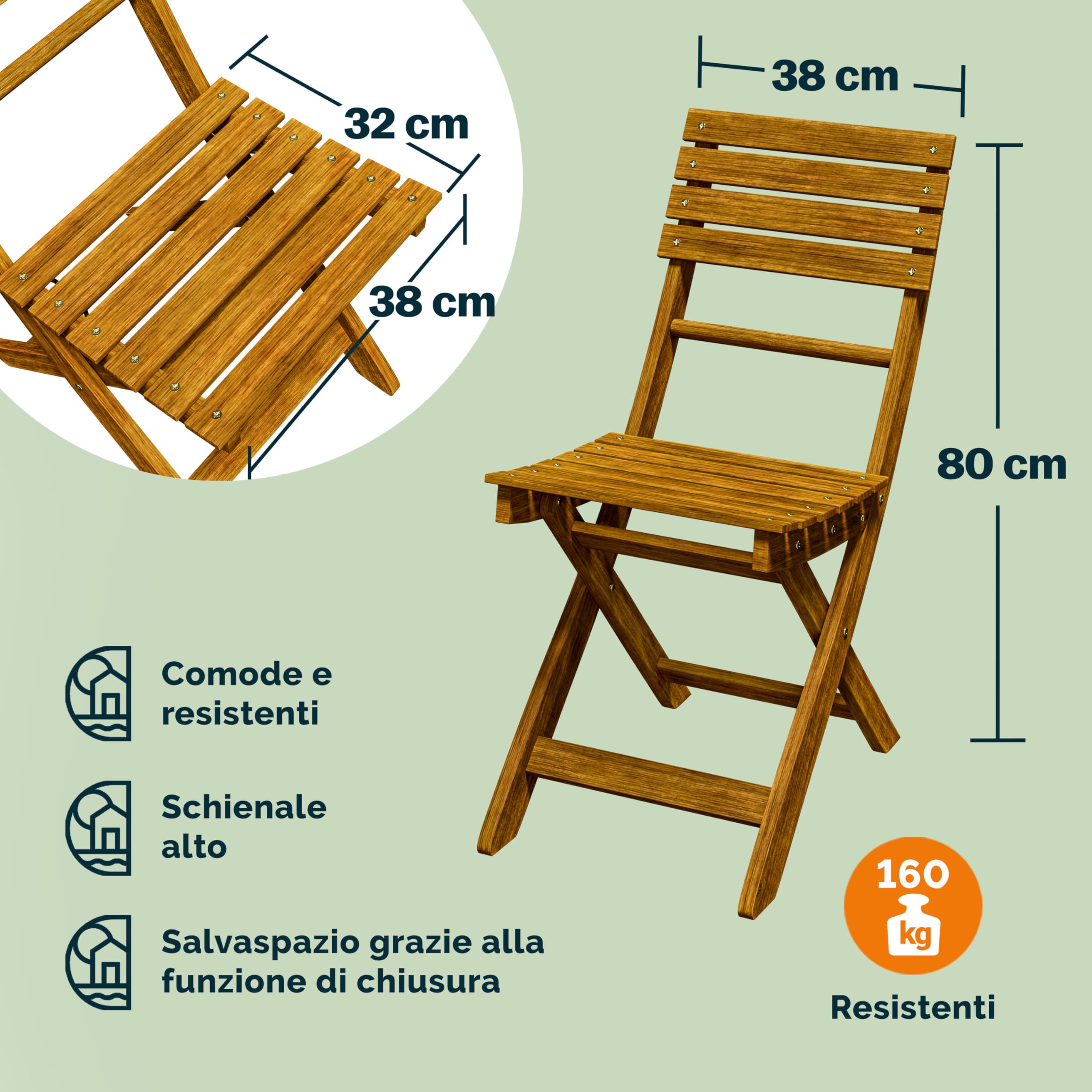 Casaria® Set da balcone per 2 persone, resistente alle intemperie, pieghevole, in legno, 160 kg, con certificazione FSC®, 95 x 117 cm, 3 pezzi, colore marrone