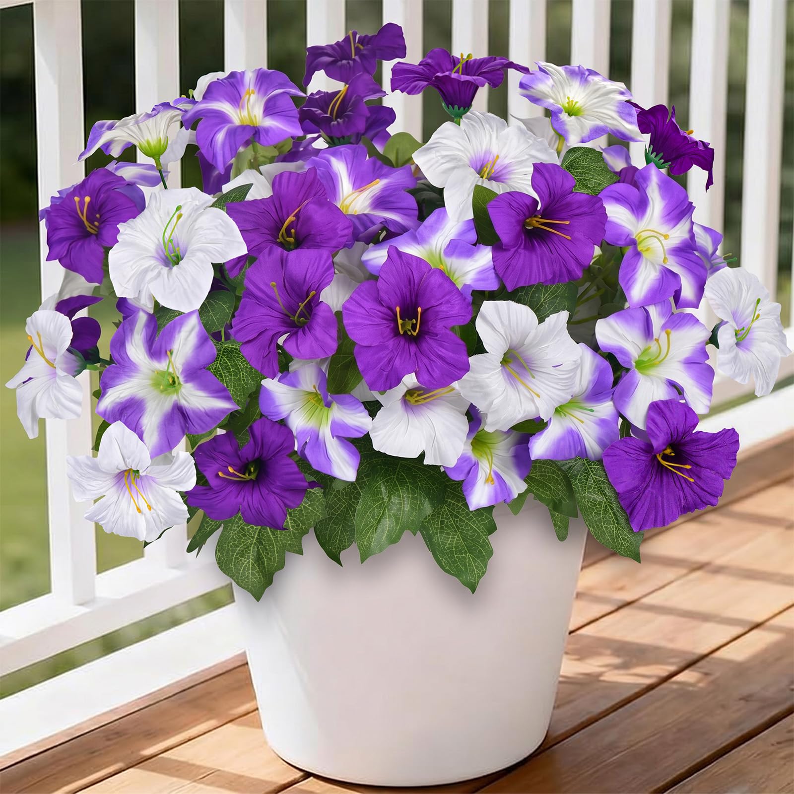 Artificial Fake Flowers Outdoor Silk Faux Flowers Look Real for Outside 4 Bundles Large Fake Petunia UV Resistant Artificial Flowers Plastic Plants for Garden Window Vase Home Decor (Purple White)