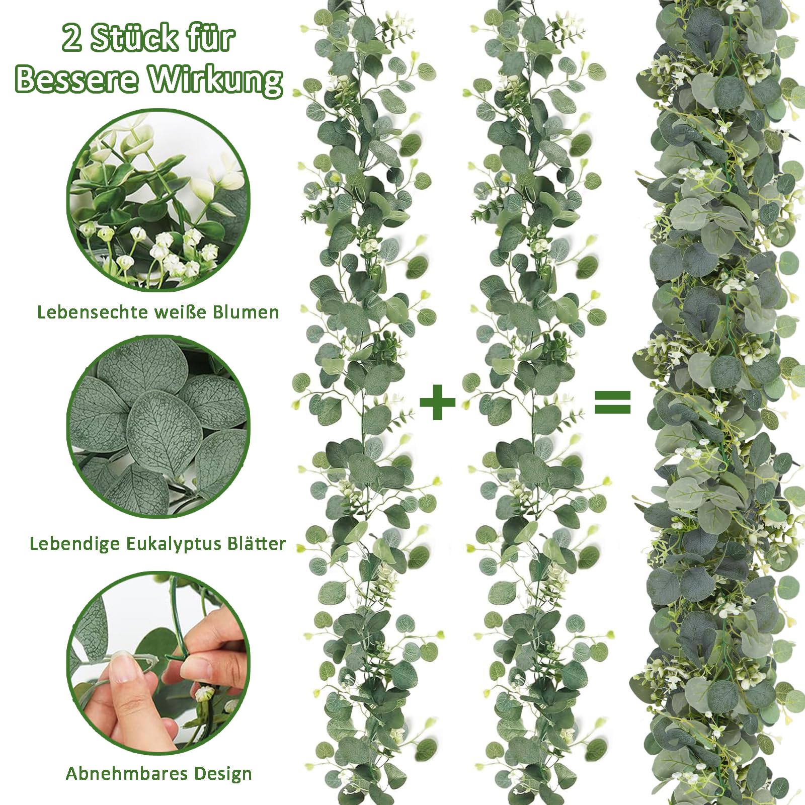 Ghirlanda Artificiale Di Eucalipto Con Fiori Bianchi - 2 Pezzi, Rampicante Finto Per Decorazione Matrimonio, Tavolo, Casa, Lunghezza 178 Cm