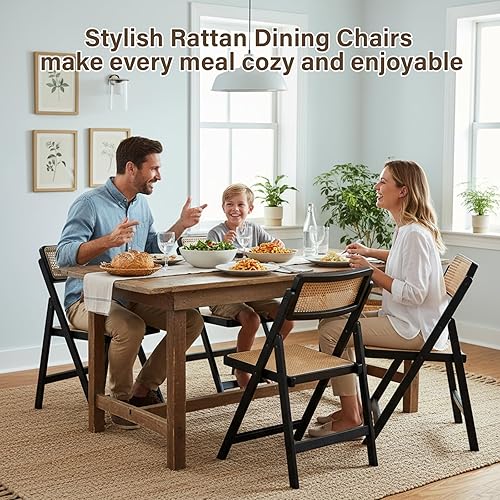 Miniatura 6 de Juego de 2 sillas plegables de ratán, sillas de comedor modernas de mediados de siglo, sillas de bambú al aire libre para dormitorio, sala de estar,