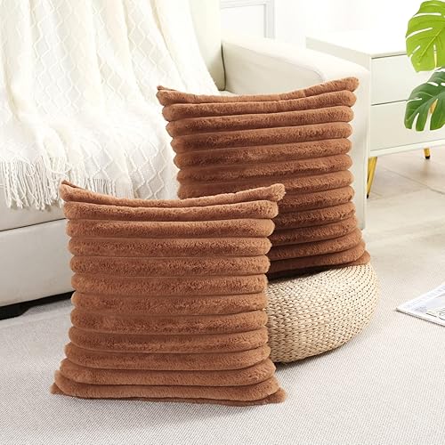 Miniatura 142 de FUTEI - Juego de 2 fundas de almohada decorativas con rayas de color naranja, 20 x 20 pulgadas, cuadradas y primaverales, piel sintética de conejo