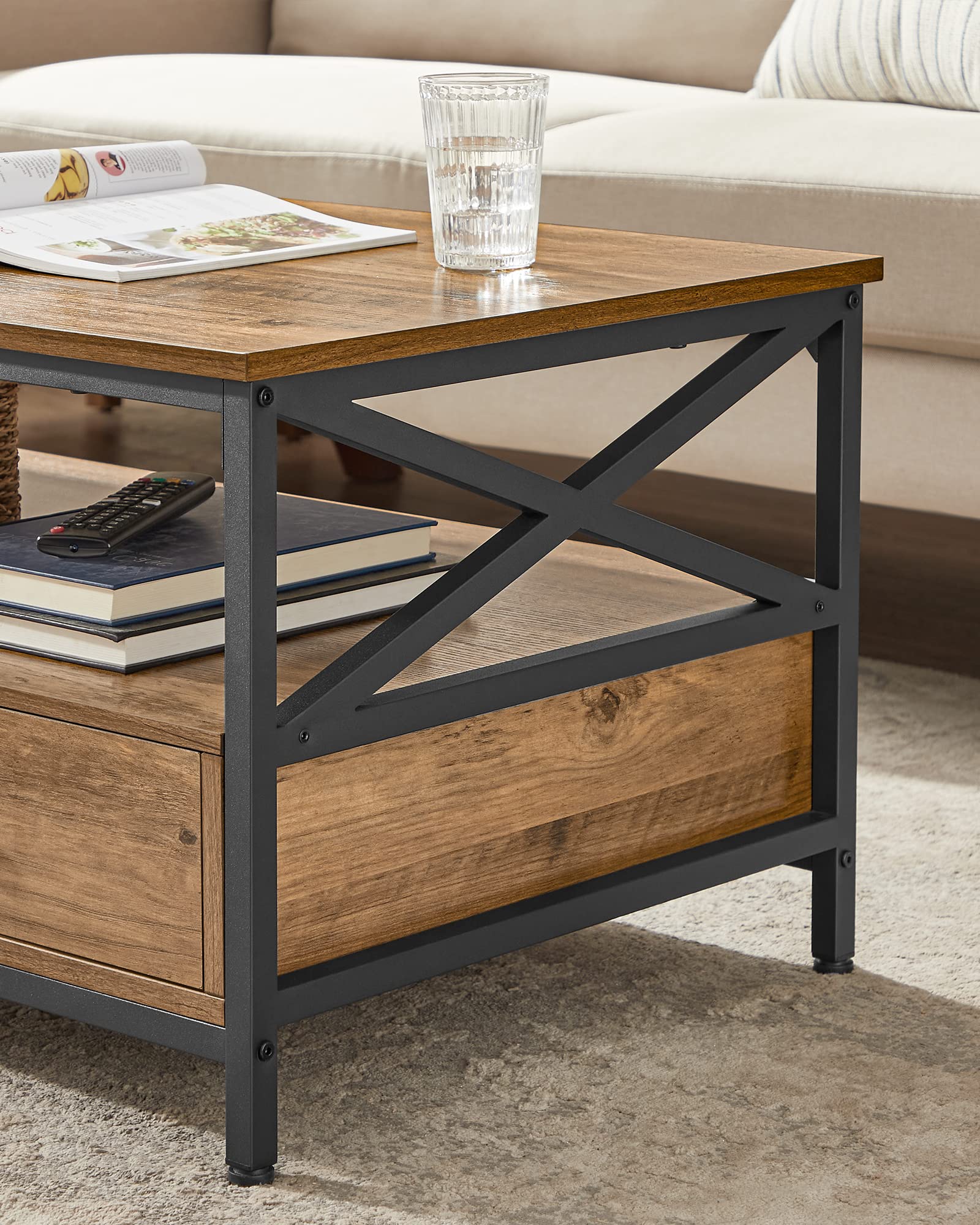 VASAGLE Tavolino da salotto, con 2 cassetti e ripiano aperto, telaio in acciaio a forma di X, 100 x 55 x 45 cm, stile industriale, noce rustico e nero LCT201B41