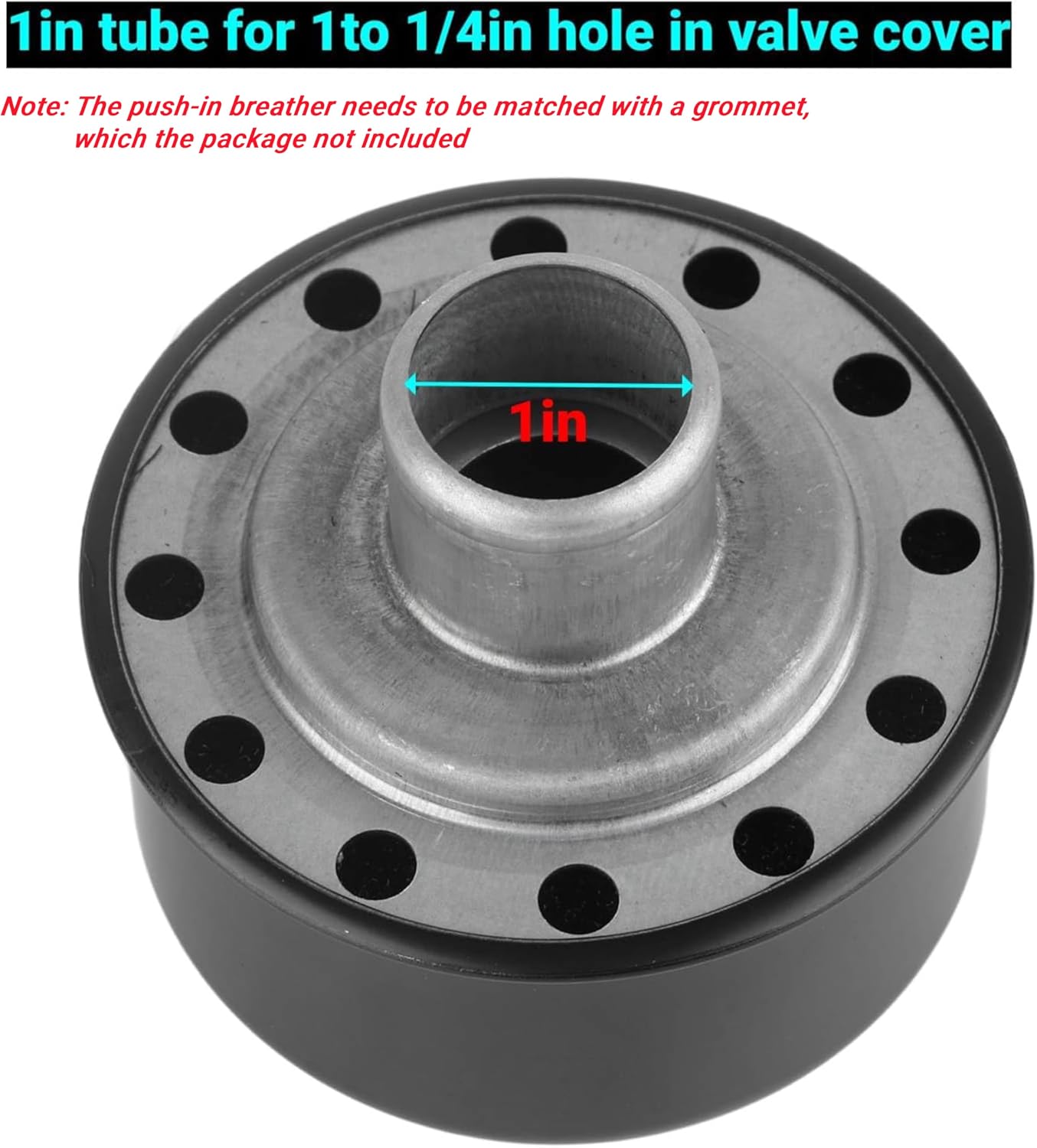 Round Push in Breather with 1in Tube for 1/4in Hole in Valve Cover, Valve Cover Breather, Round Push in Breather Valve Cover Breathers Replacement for SBC BBC SBF 327 350 302 454 502(Black)