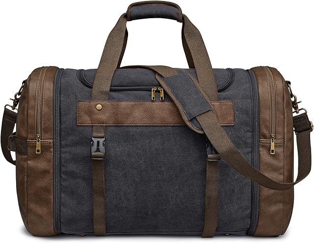 S-ZONE 65L Canvas Duffle Bag Travel Overnight Expandable Holdall Weekend Bag with Shoes Compartment Large Carry On Bag Tote Gym Bag for Men Women
