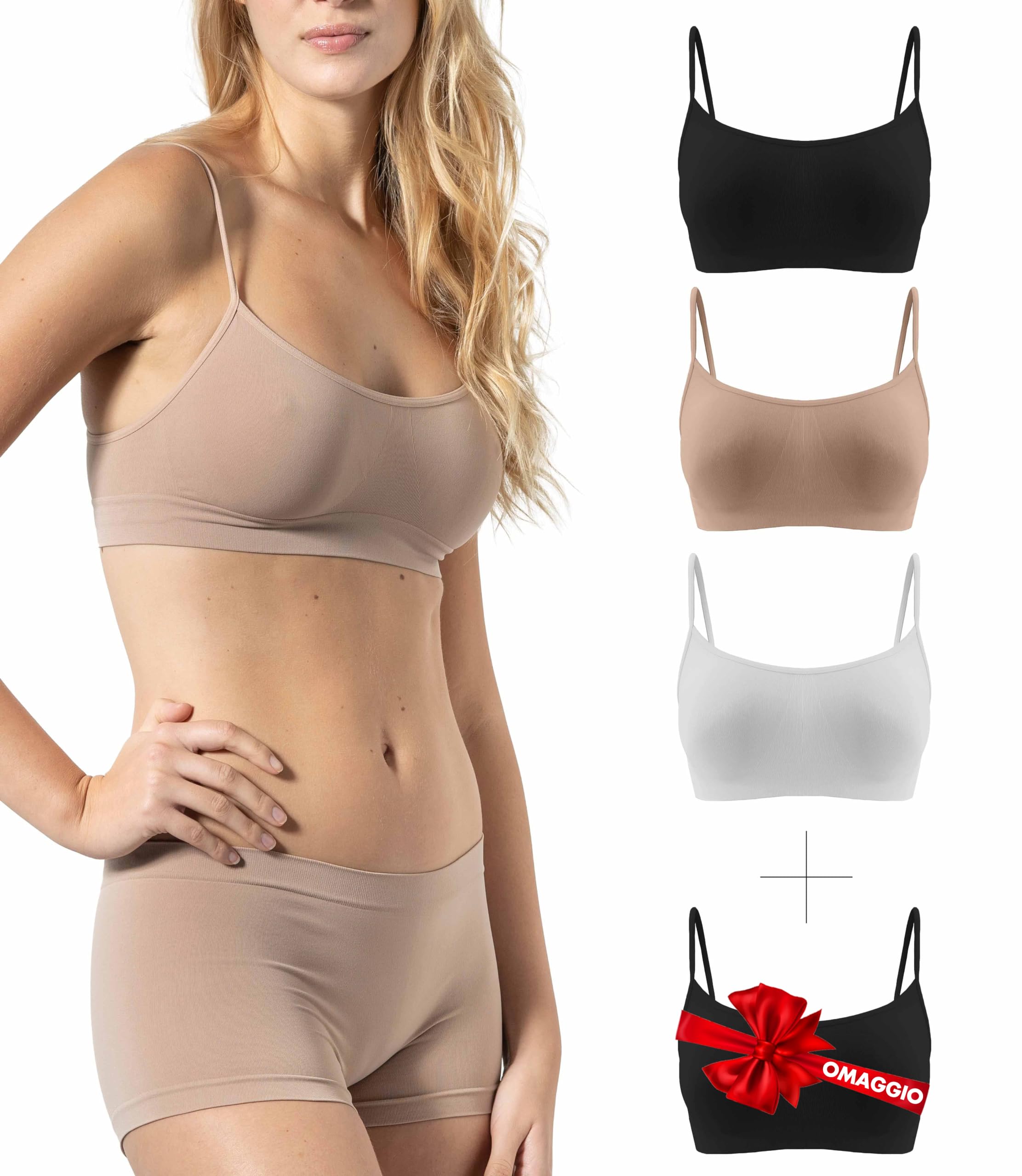 Risalti Reggiseno Senza Ferretto Spalla Stretta 3 pz - Bralette Donna in Microfibra, Brassiere Top Donna, Reggiseno Donna Elasticizzato, Intimo Donna, Senza Cuciture - Made in Italy