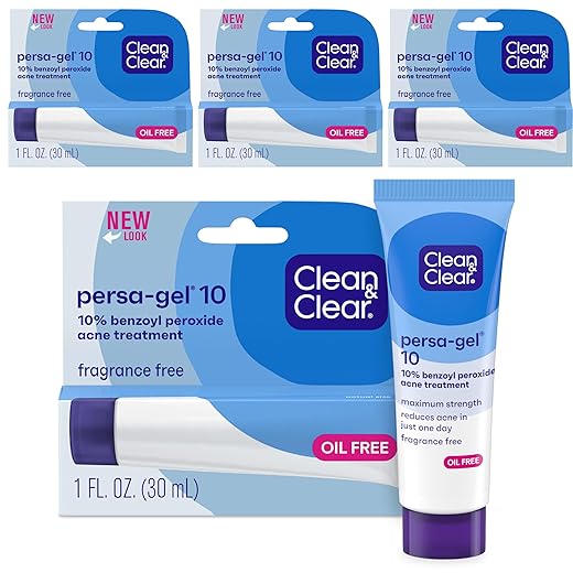 Clean & Clear PersaGel 10 Acne Medication Spot Treatment with Maximum Strength 10 Benzoyl Peroxide Topical Pimple Cream Acne Gel medication for Face Acne with Benzoyl Peroxide, 4 Count