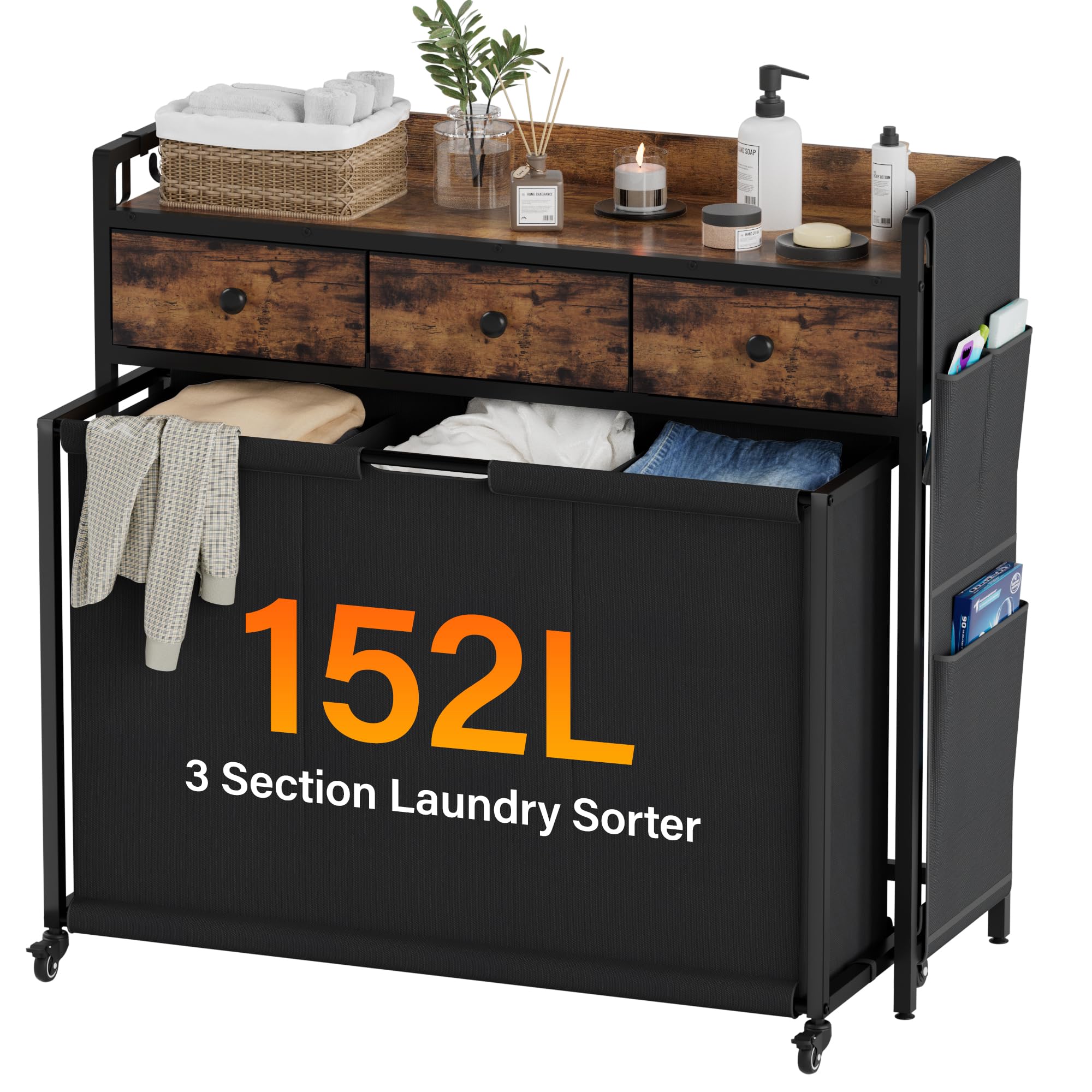 SAKSUN Rolling Laundry Hamper – 2-Section Sorter With Shelf, Wheels & Oxford Bags – Laundry Cart For Home & Dorm
