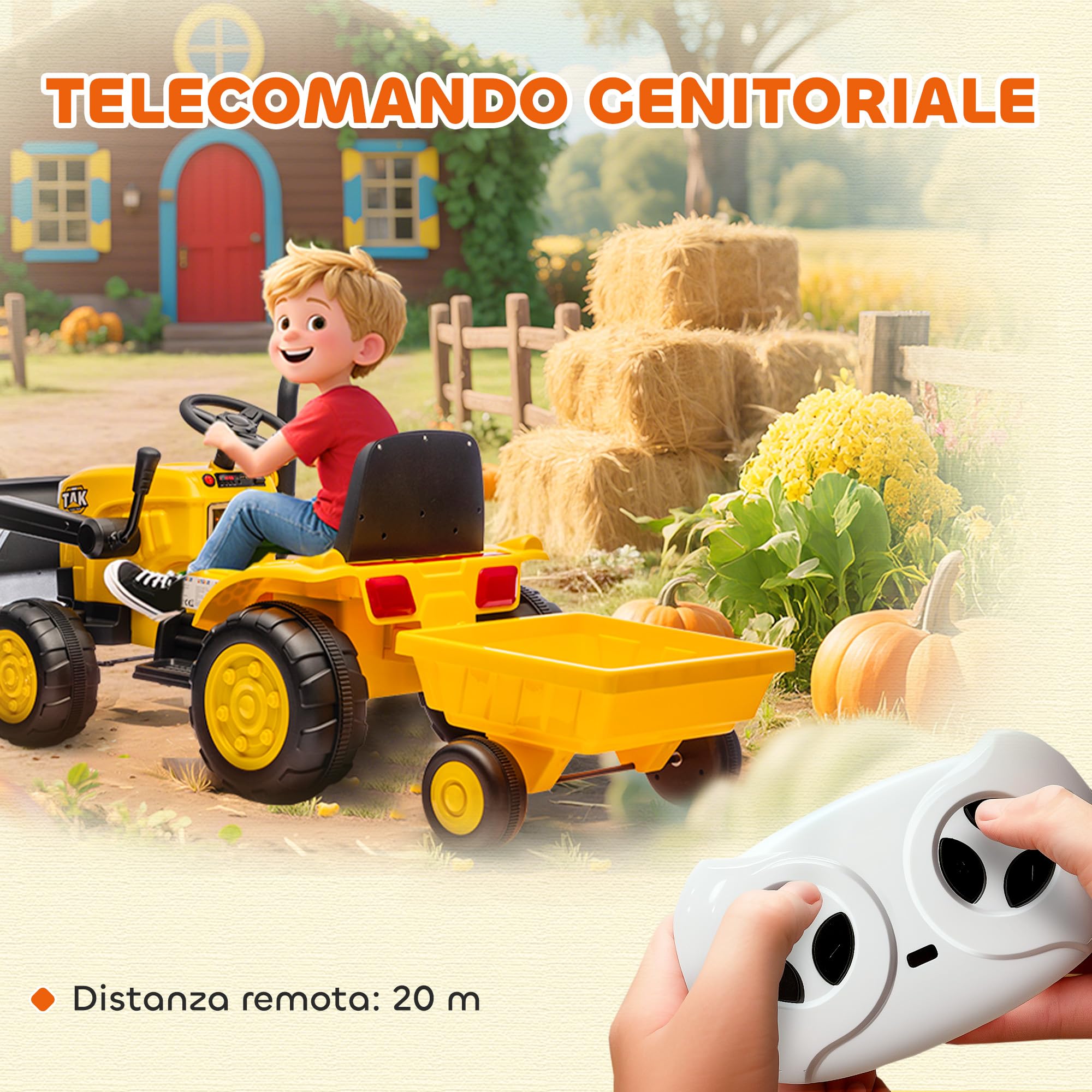 AIYAPLAY Escavatore per Bambini Elettrico 12V con Benna e Rimorchio Staccabile, Trattore Elettrica Cavalcabile con 2 Motori, Telecomando, Connessione Wireless, USB, Luci e Musica, 3-8 Anni, Giallo