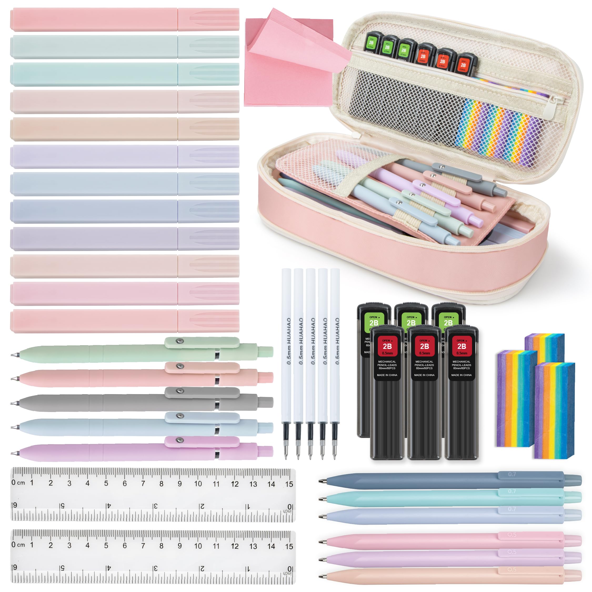 Esthetische schoolbenodigdheden - etui met 12 pastelkleurige markeerstiften, 5 zwarte pennen, 6 gekleurde pennen, 6 mechanische potloden, vullingen, gummen en notitieblok voor leraar, vrouwen, meisjes