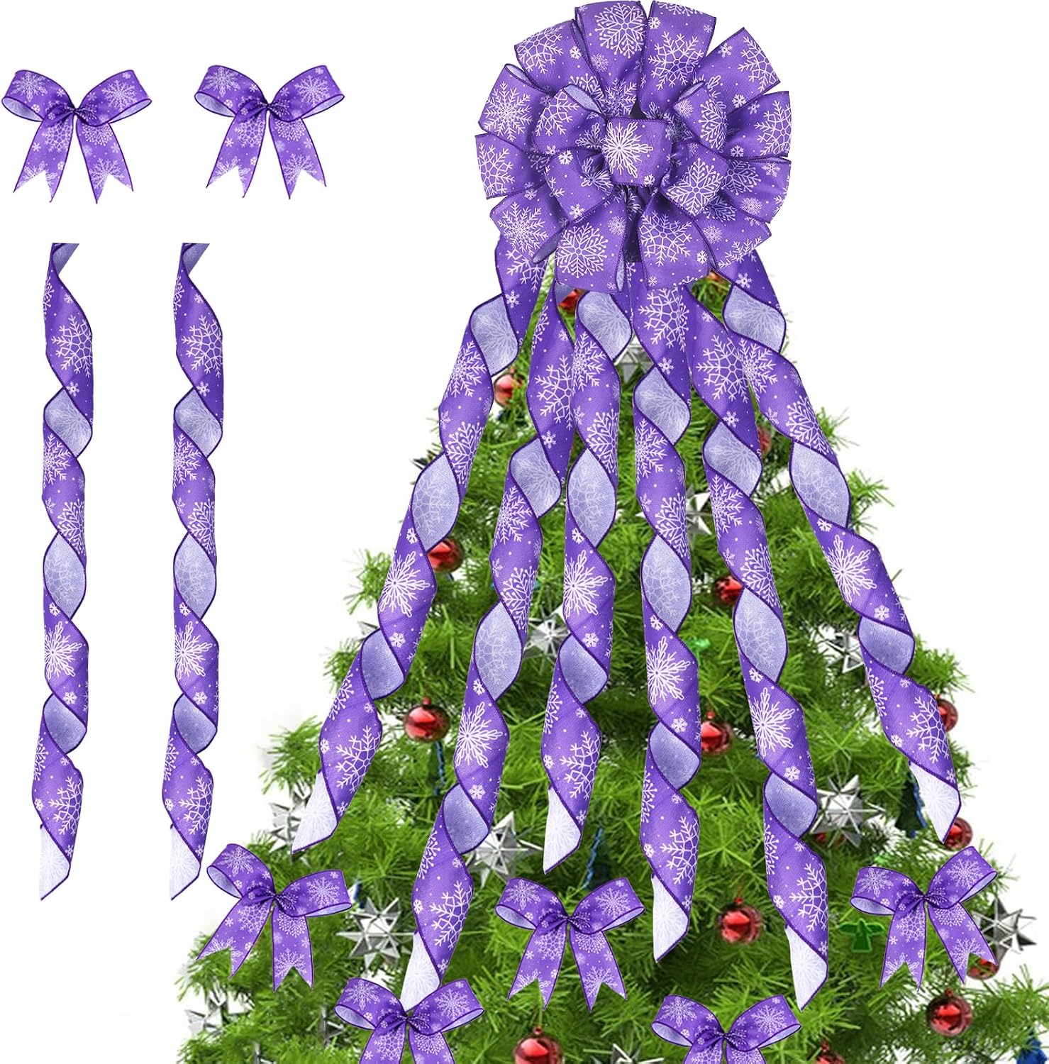 Purple Snowflake Christmas Tree Decorations, Snowflake Xmas Tree Topper Bows with Wired Edge Ribbon Wreath Bows Ornament, Christmas Winter Holiday Home Outdoor Indoor Decor