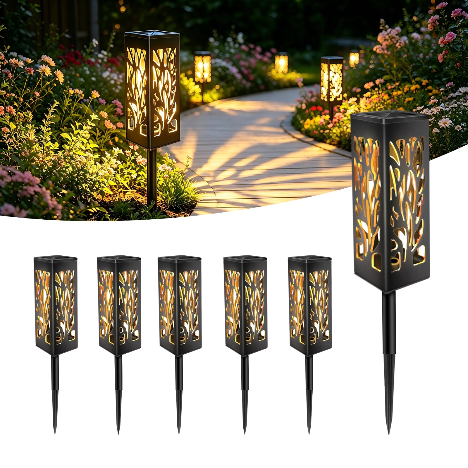 Caldarax Lot de 6 Lampes Solaires Exterieur Jardin, Lanterne Solaire, Lumiere Solaire Exterieur, IP44 Étanche, Blanc Chaud, Solaire de Jardin Décoration Lampes pour Balcon, Terrasse, Chemin, Pelouse