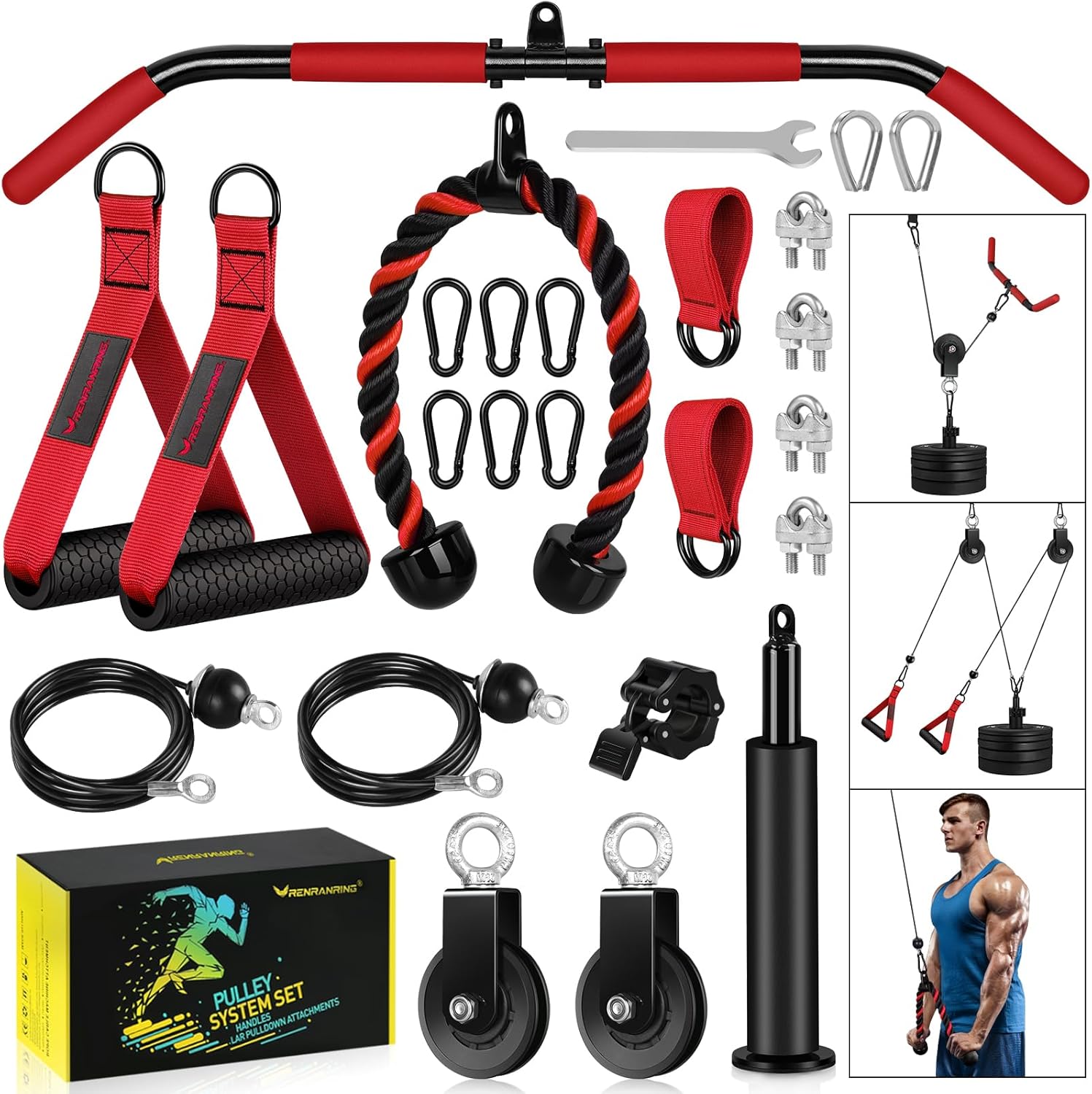 RENRANRING Pulley System, Weight Cable Pulley System for Home Gym,Cable Machine Attachment with 2 in 1 LAT Pull Down Bar,Tricep Rope,Long Strap,Exercise Handles for Biceps Curl, Forearm
