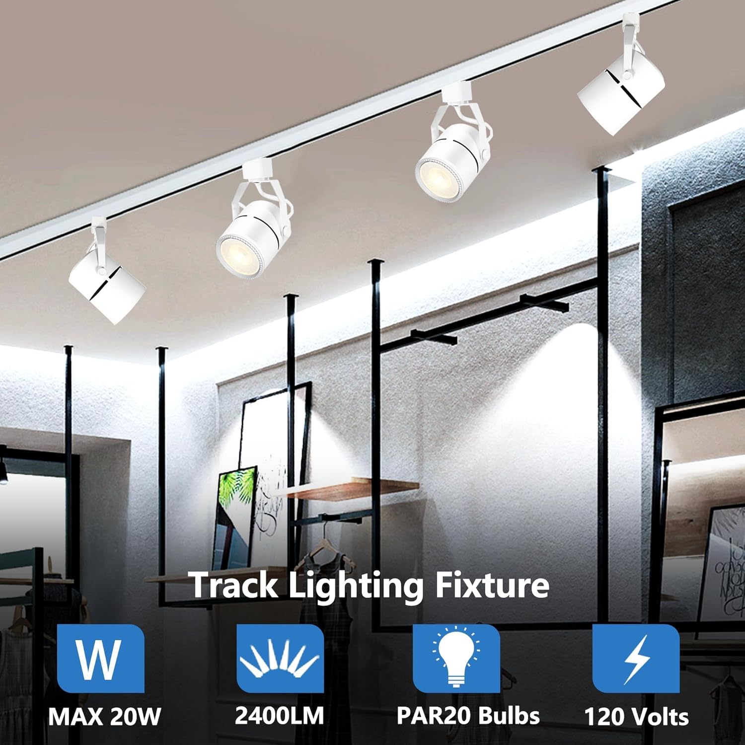 White Dmmable LED Track Lighting Heads Kit 4000K Natural White, Energy-Saving PAR20 Track Lights with 6.56FT H Type Track Rails 20W Ceiling Spotlight Fixtures Include 6Pcs LED Bulbs for Shop