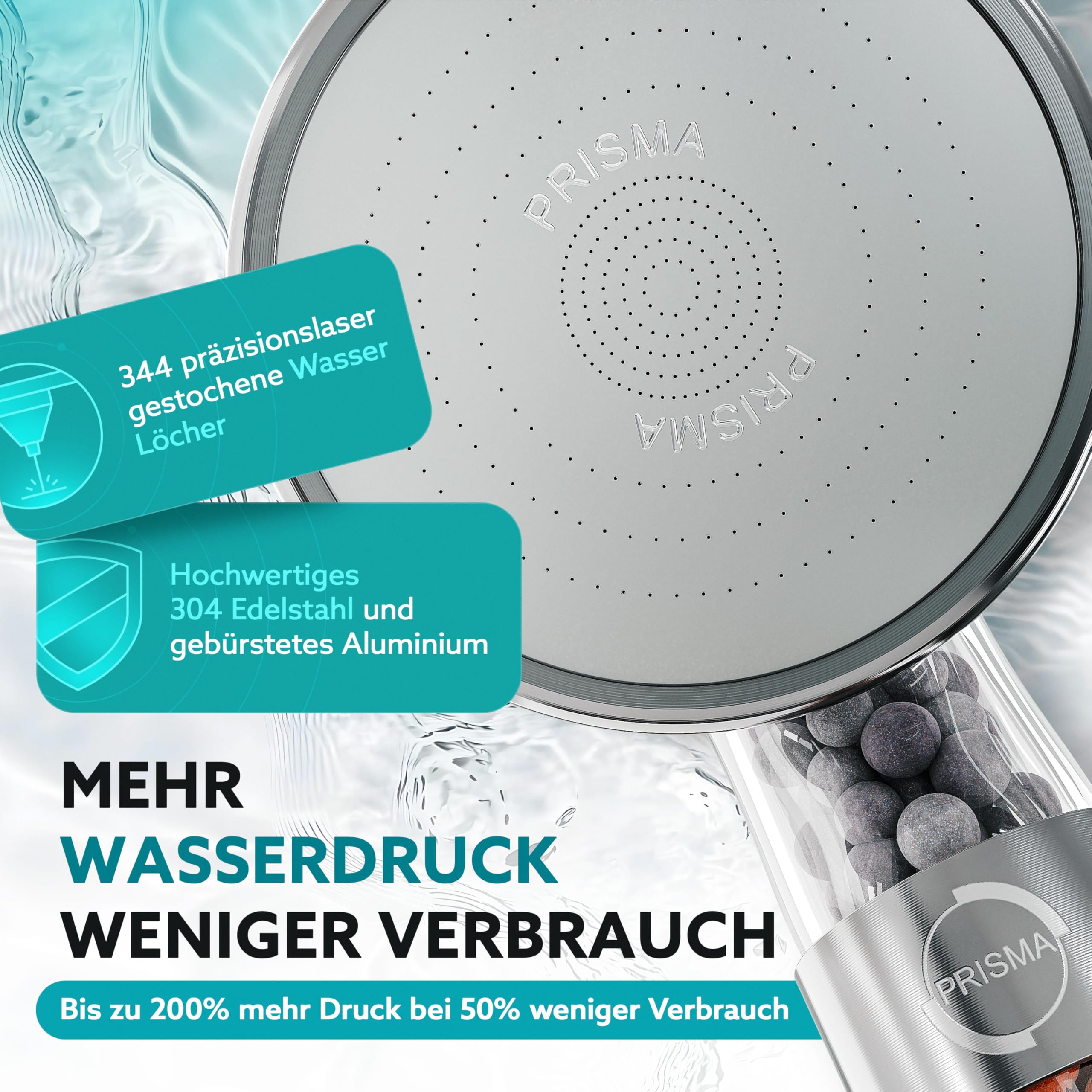PRISMA Duschkopf für ein einzigartiges Duscherlebnis - Mehr Wasserdruck, Wassersparend, 3 Funktionen mit Filter, Regendusche Handbrause Brausekopf Massage