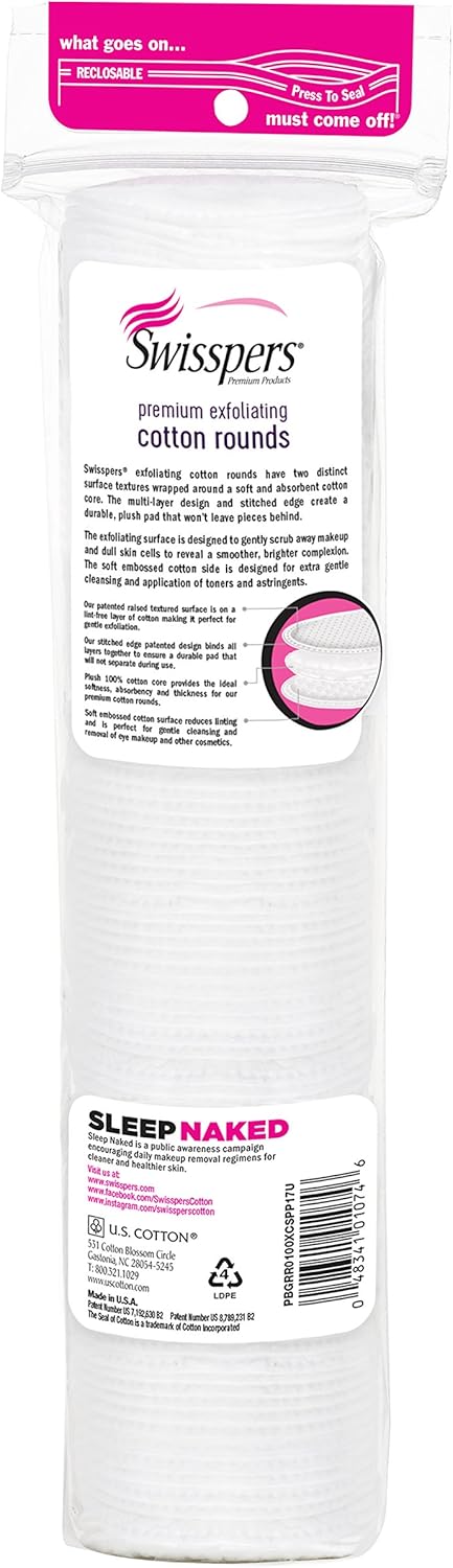 Swisspers Premium Exfoliating Rounds, 2 Distinct Raised Textured Surface, Cotton Facial Pads, 80 Count Re-closable Bag : Beauty & Personal Care