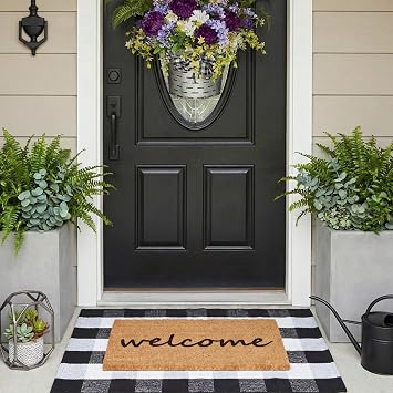 2 Pcs Welcome Doormat Set Fall Decor, Thick Coco Coir Door Mat + Black White Buffalo Plaid Rug, Perfect Size Layered Floor Mat Floor Mat for Front Door Porch Entryway Natural Decor Non-Slip Backing