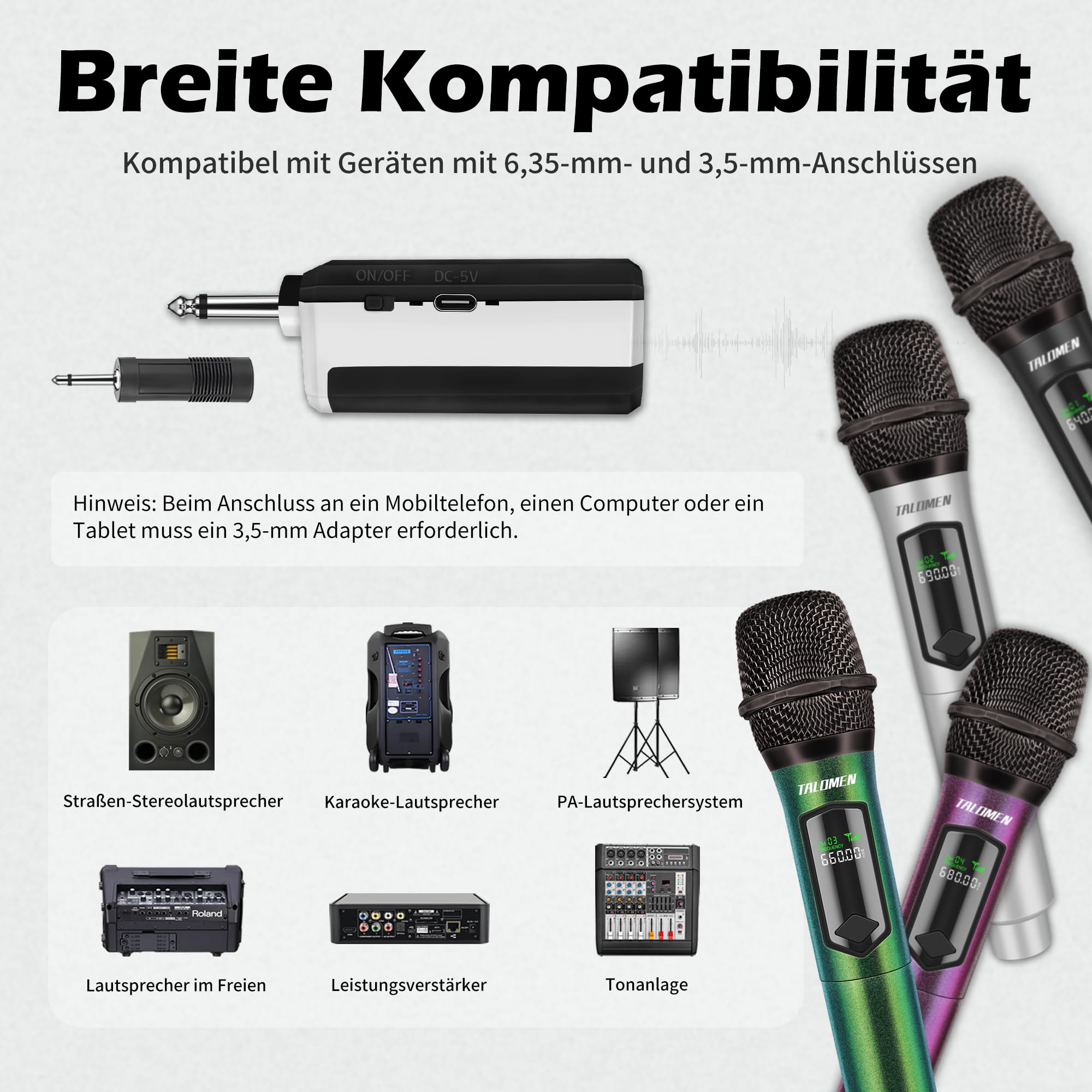 talomen Professionelles kabelloses Mikrofon, Quad-Mikrofonsystem, 2,4 GHz, dynamisches Karaoke-Mikrofon, wiederaufladbar, mit Empfänger, für Gesang, Party, K604, Silber, Schwarz, Grün, Violett