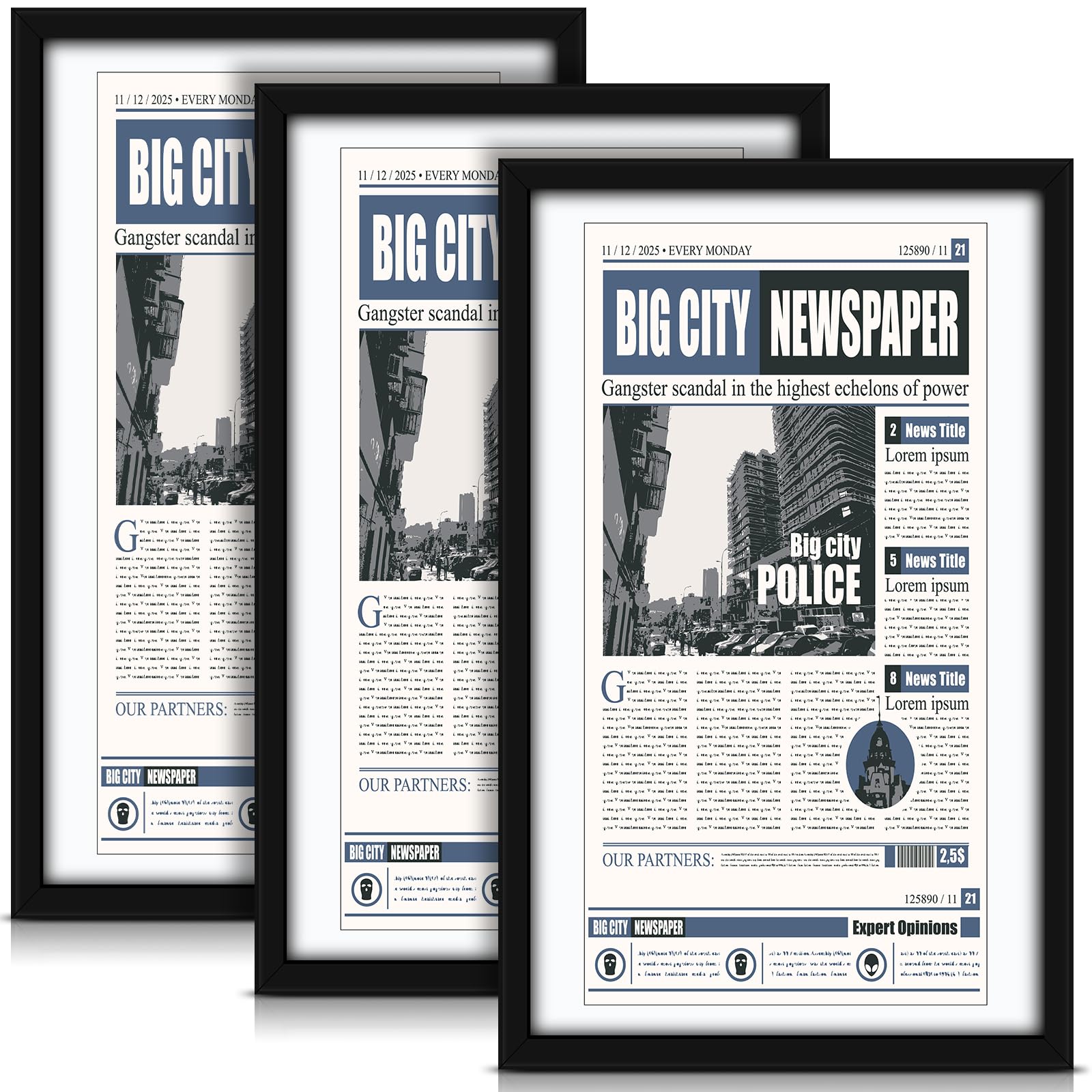 3 Pcs 11x22 in Newspaper Frame With Mat - Assorted Media Article Cover With Hanging Hardware - 14x24 in Display Poster for Wall Decoration (White Mat)
