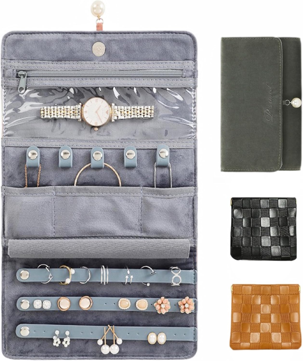 Travel Jewelry Case, Travel Essentials Jewelry Organizer Bags, Teacher Appreciation Gifts for Women, Foldable Small Jewelry Roll Pouch Holder for Rings, Necklaces, Earrings, Bracelets (Dark grey)